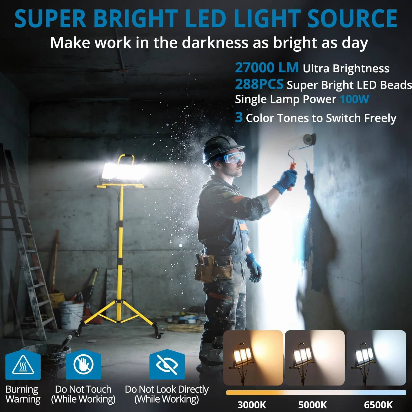 AUTOUTLET Reflektor budowlany LED ze statywem i kółkami, 300 W, 27000 lm, 3 temperatury barwowe, statyw z regulacją wysokości, kabel 5 m, wodoszczelność IP66, zdejmowana lampa budowlana do garażu, na