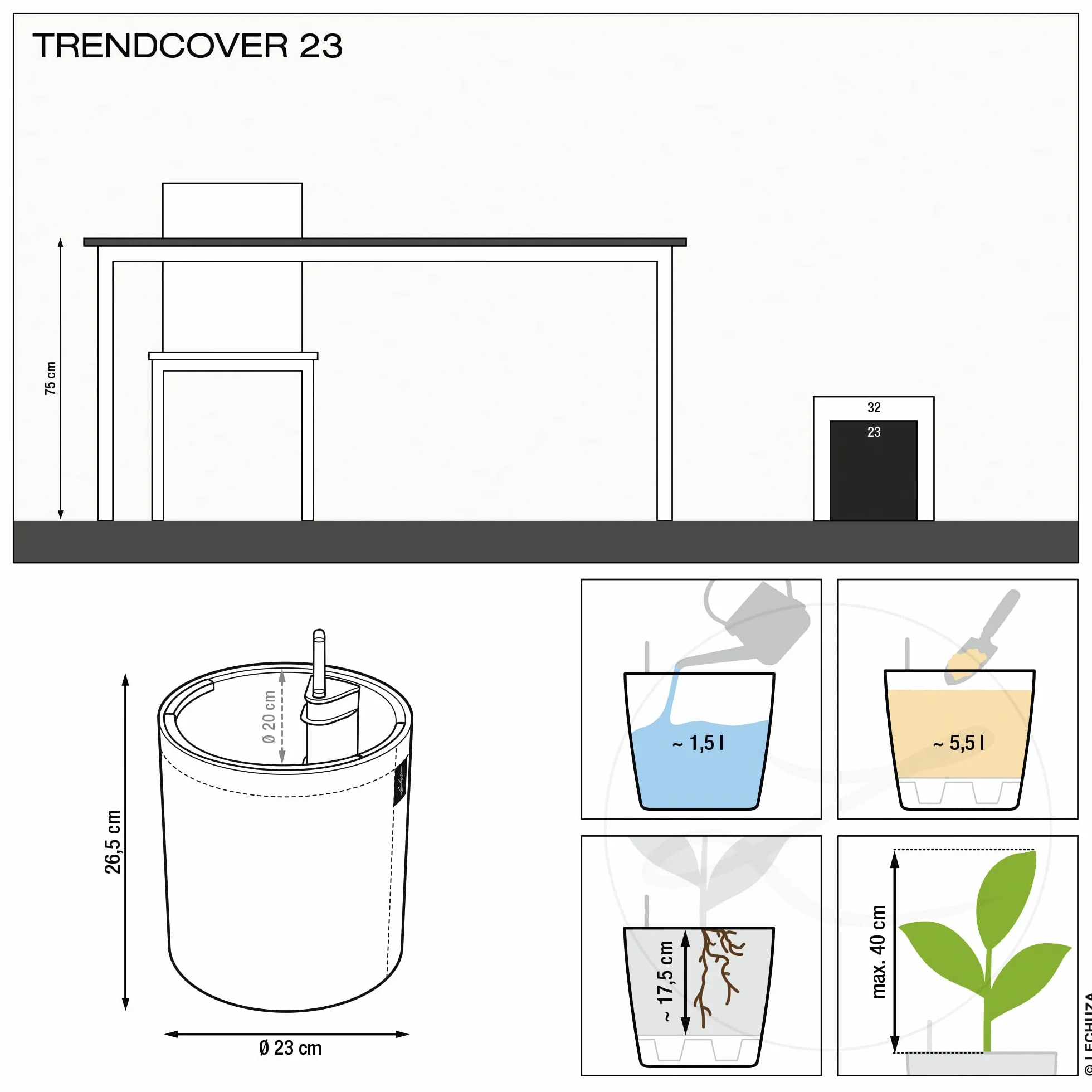 Lechuza Donica Trendcover 23 Korek Jasny Naturalny z Systemem Nawadniania