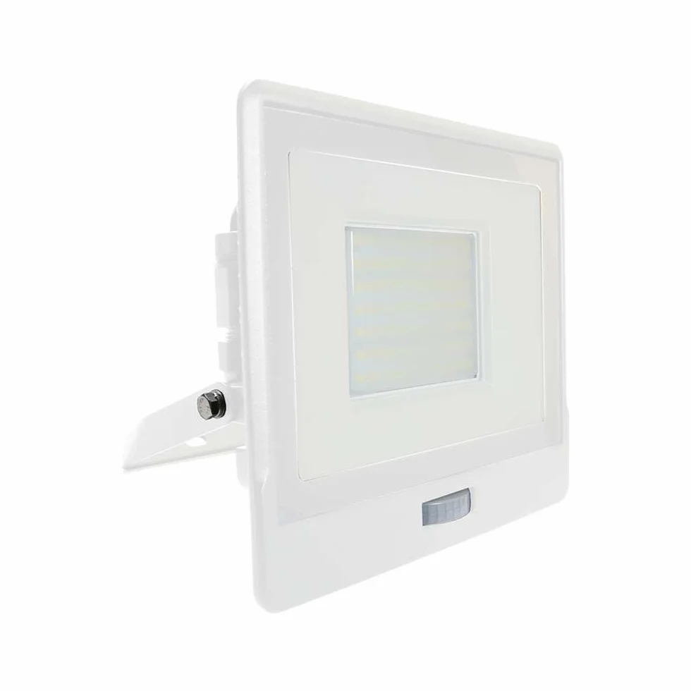 V-TAC Zewnętrzny reflektor LED z chipem Samsung 50 W, wodoodporny czujnik PIR w kolorze białym, zimne białe światło
