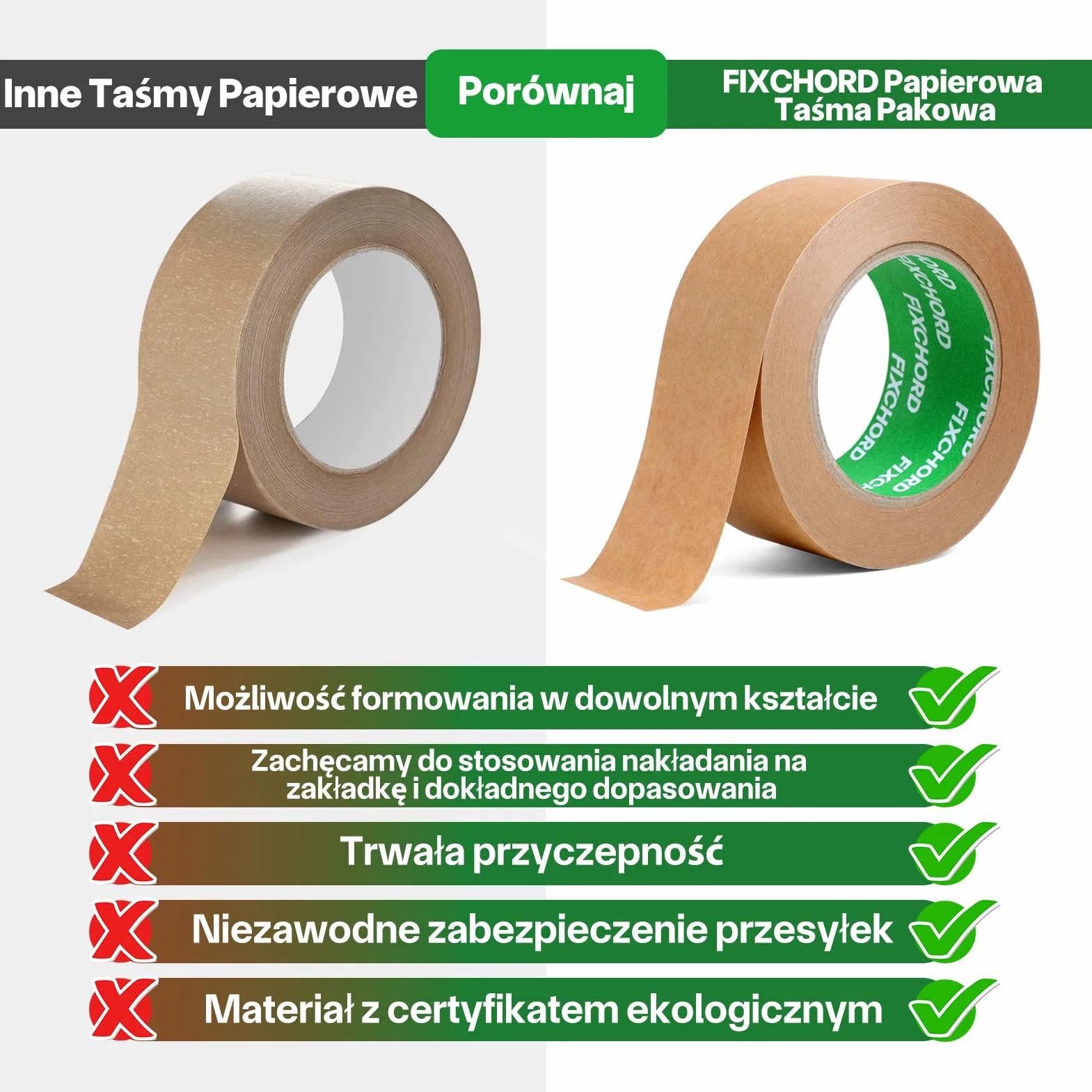 Ekologiczna Papierowa Taśma Pakowa 48mm x 50m | Przyjazny dla Środowiska i Nadający się do Recyklingu | Ekologiczna Taśma Papierowa do pakowania paczek i pudeł, przeprowadzek | 1 Rolka
