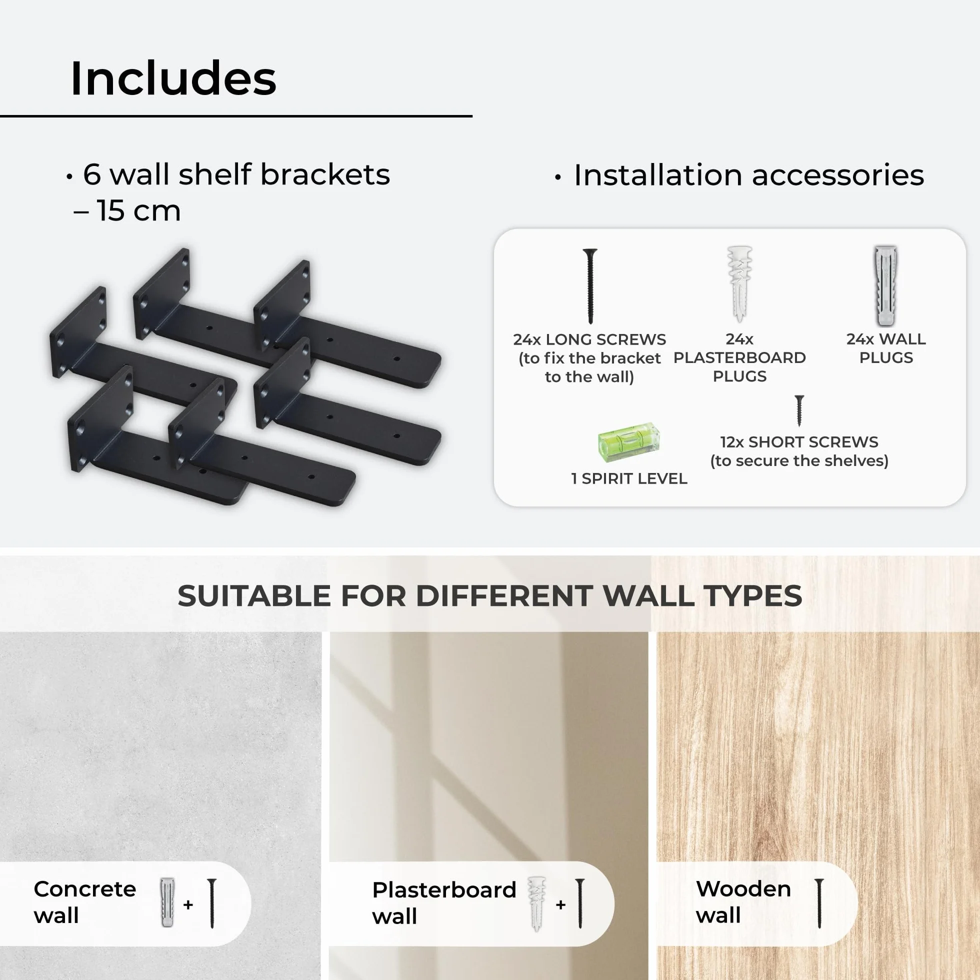MILUKA Pack 6 Metal Brackets for Shelves 15 cm | Wall Shelf Brackets | Heavy Duty Steel, 70 kg | Black Industrial Design, Invisible Anchorage and Easy Installation