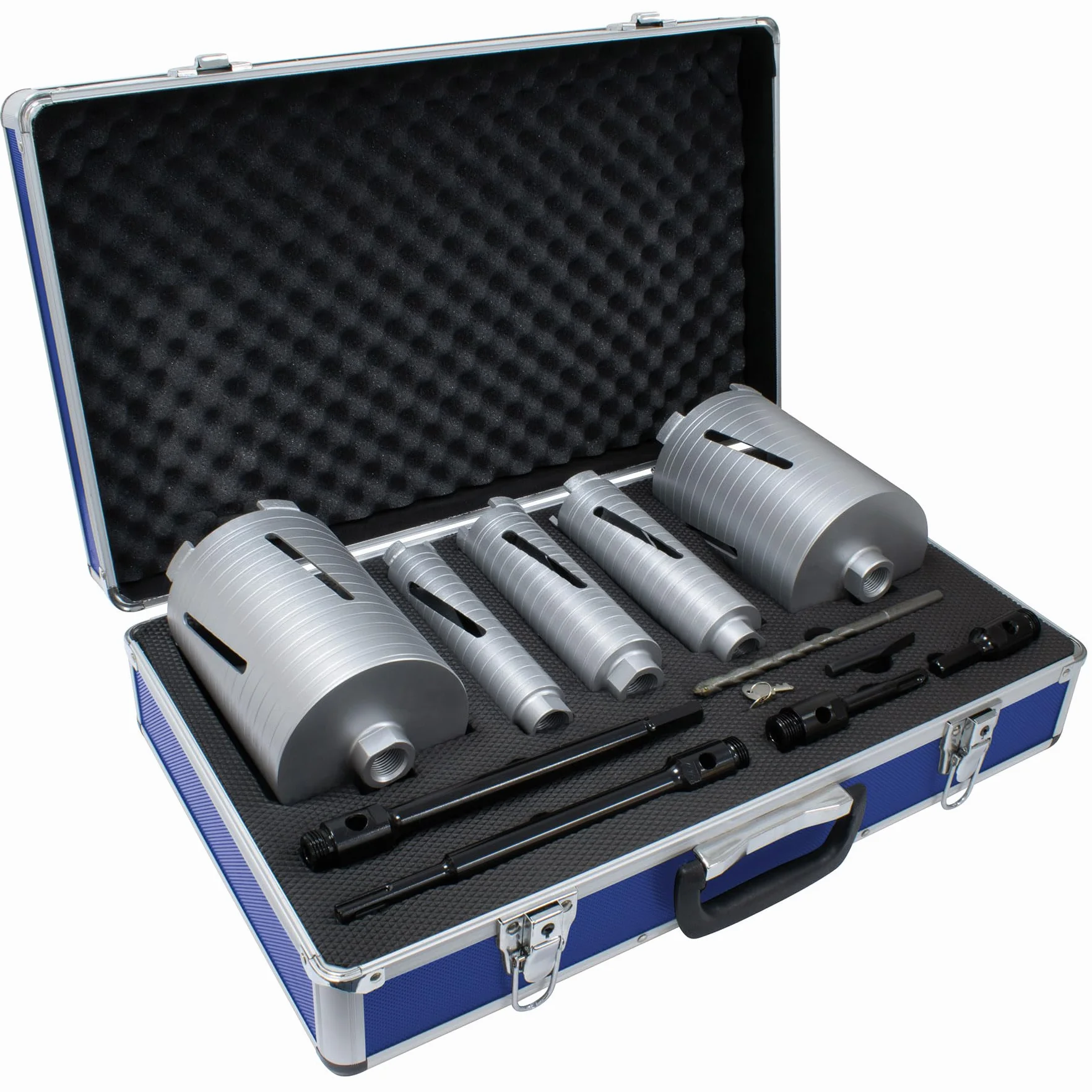 Wiertło rdzeniowe Mexco DCX90 z rowkiem, wysokowydajne, diamentowe, do wiercenia w materiałach murowych – 38 mm-127 mm, 11-częściowy zestaw z walizką