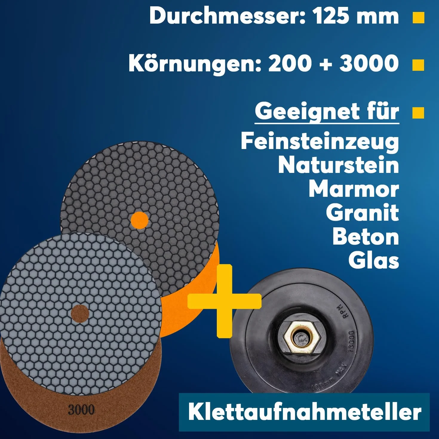 Profesjonalny zestaw diamentowych podkładek szlifierskich EDW, Ø 125 mm, ziarnistość 200 + 3000, talerze na rzep, do kamienia naturalnego, granitu, gresu, płytek, ceramiki, kamienia sztucznego, szkła,