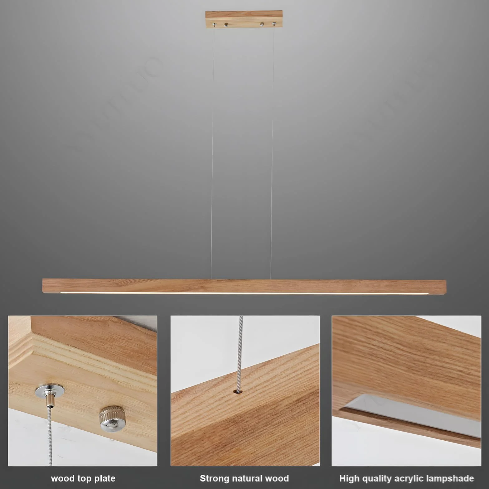 Prostopadłościan Drewniany Żyrandol Liniowy, Ściemnialne Światło z Pilotem, Wiszący Przewód 150cm Regulowany, Led Nowoczesny Minimalistyczny, Salon Biuro Jadalnia Kuchnia (Kolor Drewna 100cm)