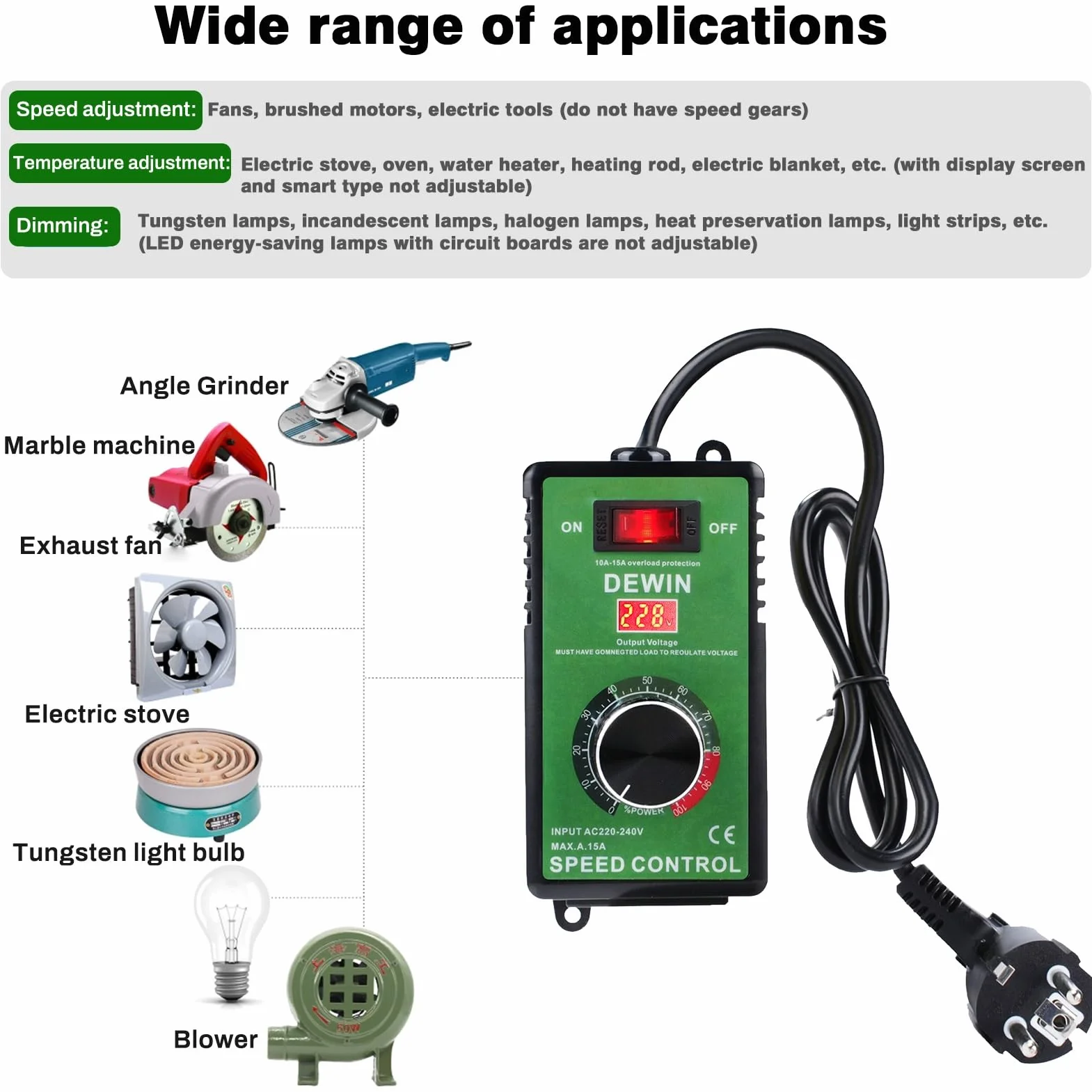 DEWIN Regulator prędkości obrotowej 230 V 15 A bezstopniowy sterowanie wentylatorem ochroną przed przeciążeniem