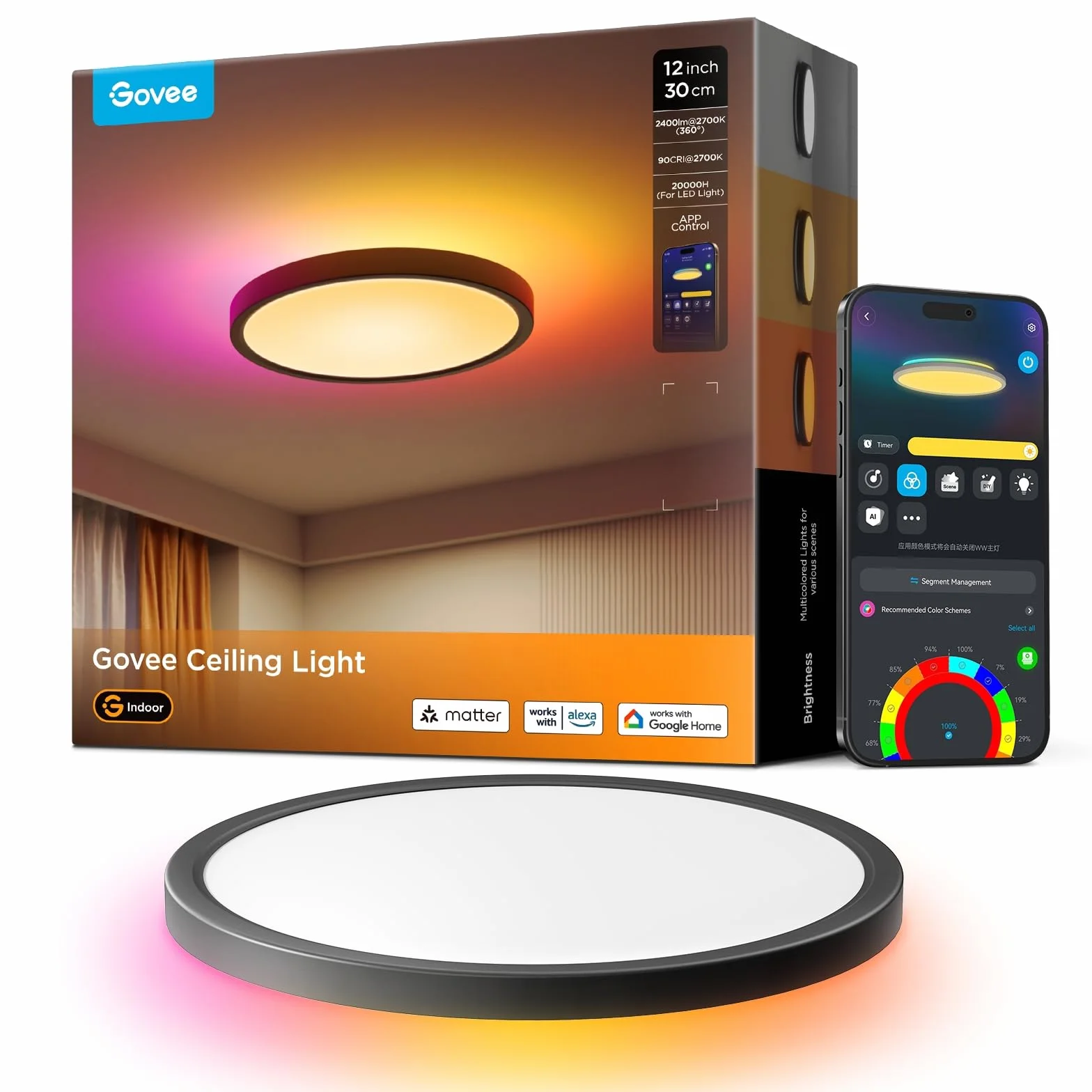 Govee Lampa sufitowa RGBIC 24 W, inteligentna lampa sufitowa LED, Ø 30 cm, kompatybilna z Matter, Alexa i Google Assistant, lampa sufitowa LED, ściemniana, z 16 milionami kolorów DIY, do sypialni