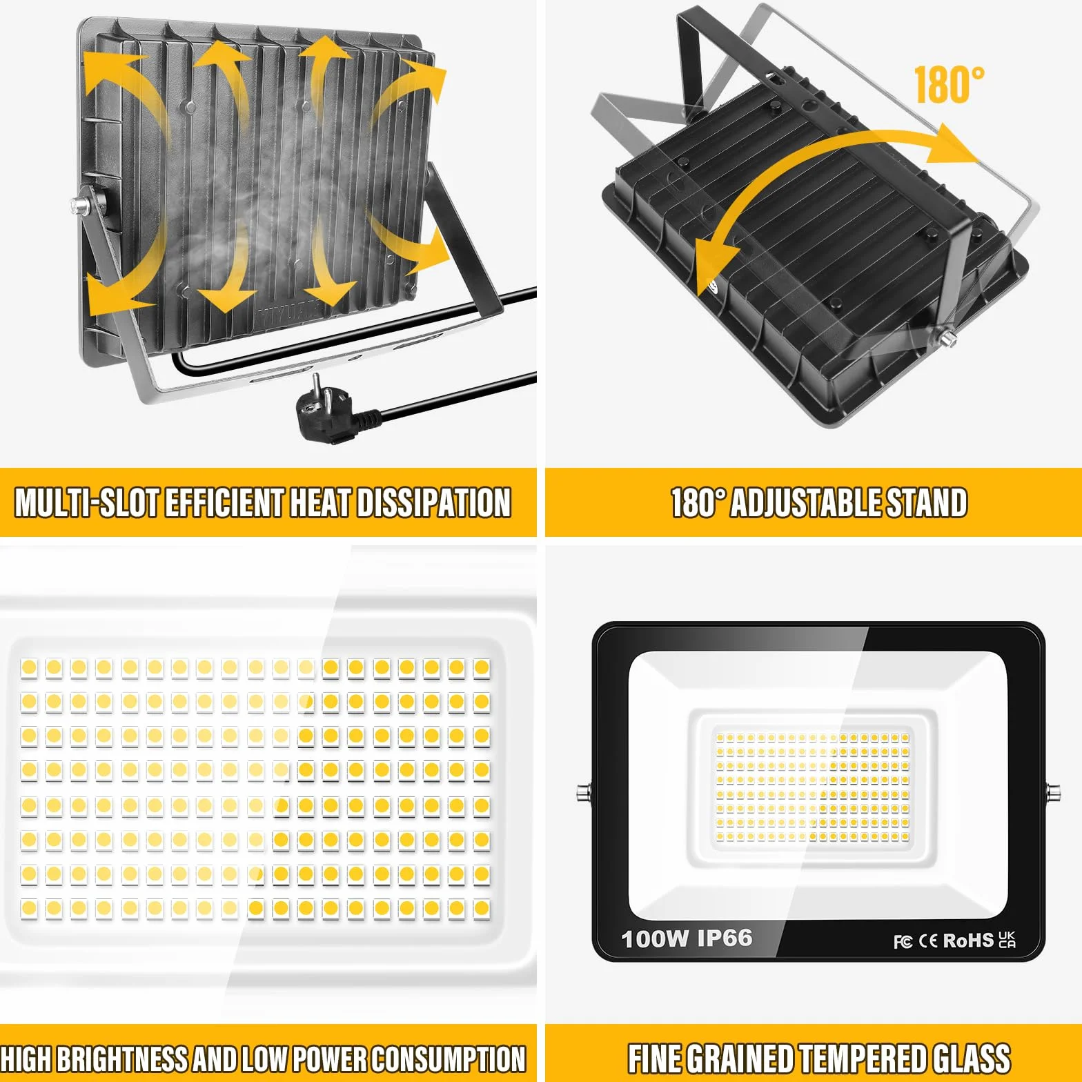 RIGIDON Zewnętrzny reflektor Led z gniazdkiem, 1 x 1000 W 10000LM IP66, wodoodporna lampa punktowa Led do patio, garażu, tarasu, ogrodu, na ścianę, 3000 K, ciepła biel