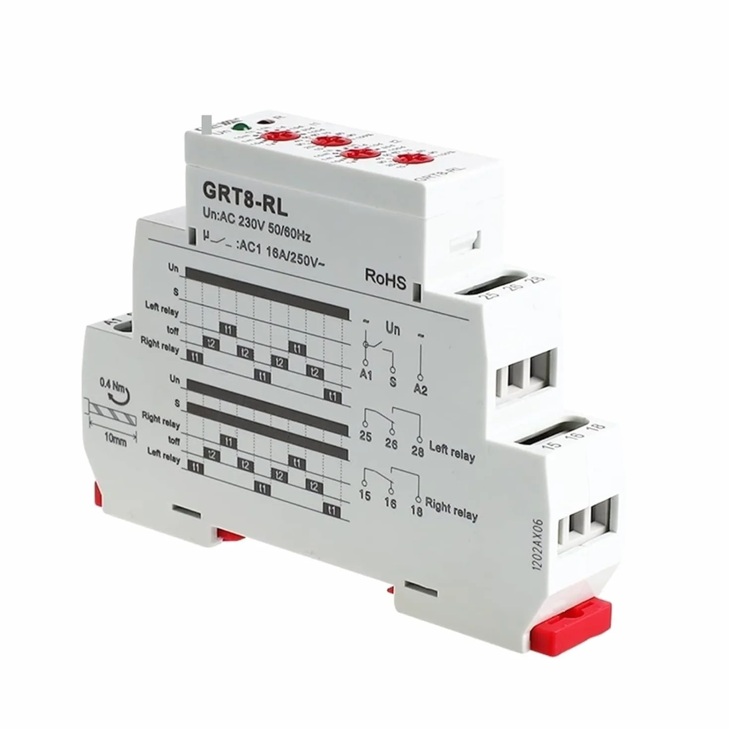 Wyłącznik GRT8-RL 16 A, przemiennik prawo-lewy, przekaźnik czasowy, przekaźnik AC 2NO2NC, AC 230 V lub AC/DC 12-240 V, 1 szt. (GRT8-RL AC230V)
