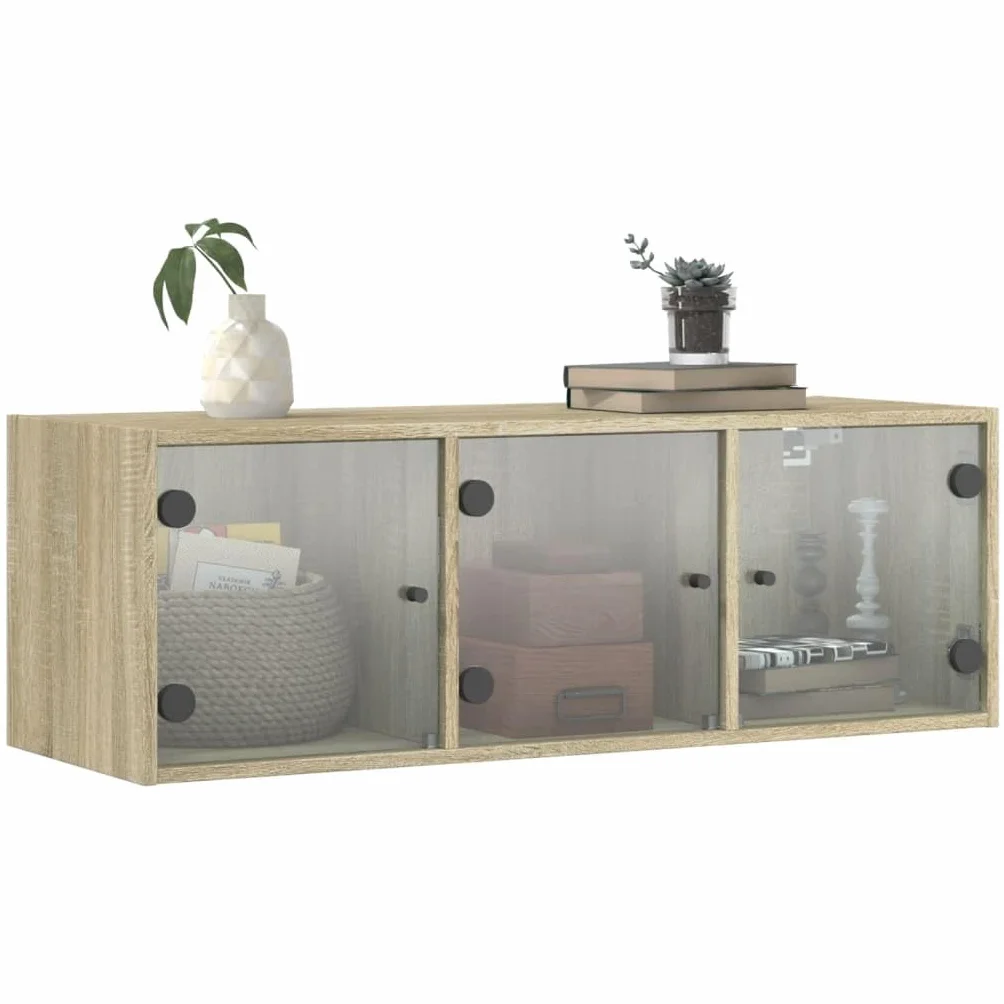 Szafka ścienna ze szklanymi drzwiami, dąb Sonoma z materiału drewnopochodnego 102 x 37 x 35 cm, szafka do przechowywania z półkami i półką, do biura, korytarza, piwnicy, warsztatu, miejsca do