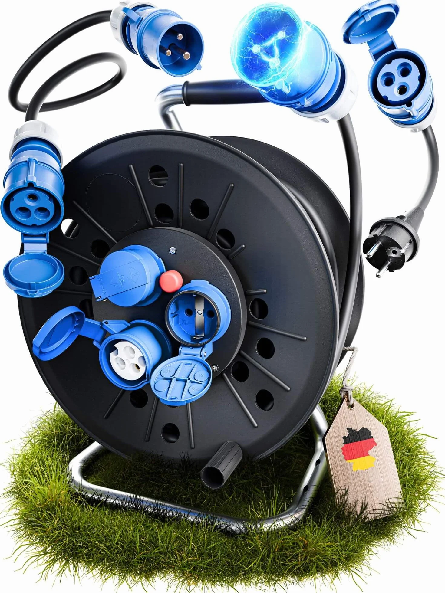 Kempingowy zestaw bębnów kablowych, kabel CEE 25 m na rolce kablowej + kabel przyłączeniowy 1,5 m + adapter CEE, kabel kempingowy H07RN-F 3G 2,5 mm², bęben kablowy na kemping, do przyczepy