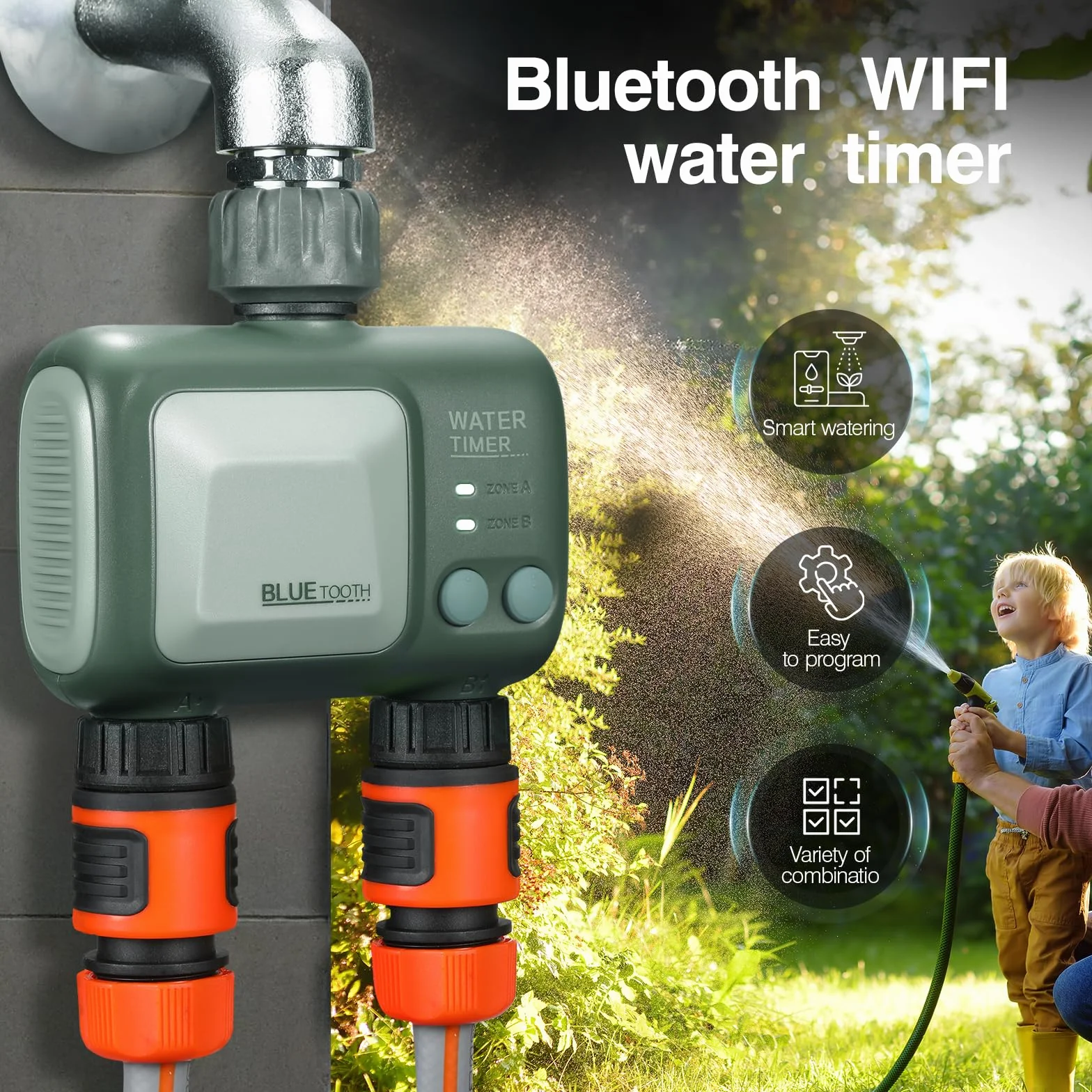 CROSOFMI Komputer nawadniający, 2 wyjścia z Wi-Fi, Bluetooth, timer, automatyczne nawadnianie ogrodu, Wi-Fi, nawadnianie, timer wody, bezprzewodowy pilot zdalnego sterowania, IPX5