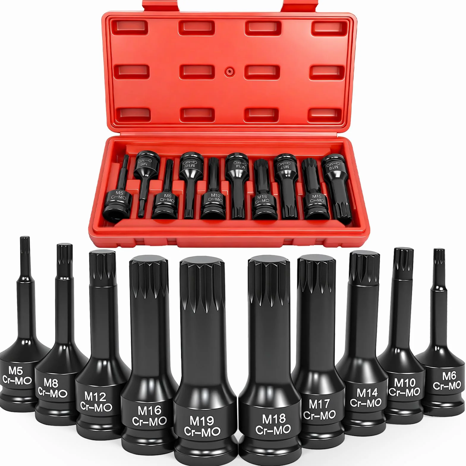10-częściowy zestaw kluczy nasadowych XZN 1/2", wielozębowy zestaw nasadek 1/2" M5, M6, M8, M10, M12, M14, M16, M17, M18, M19 do klucza dynamometrycznego, klucza grzechotkowego