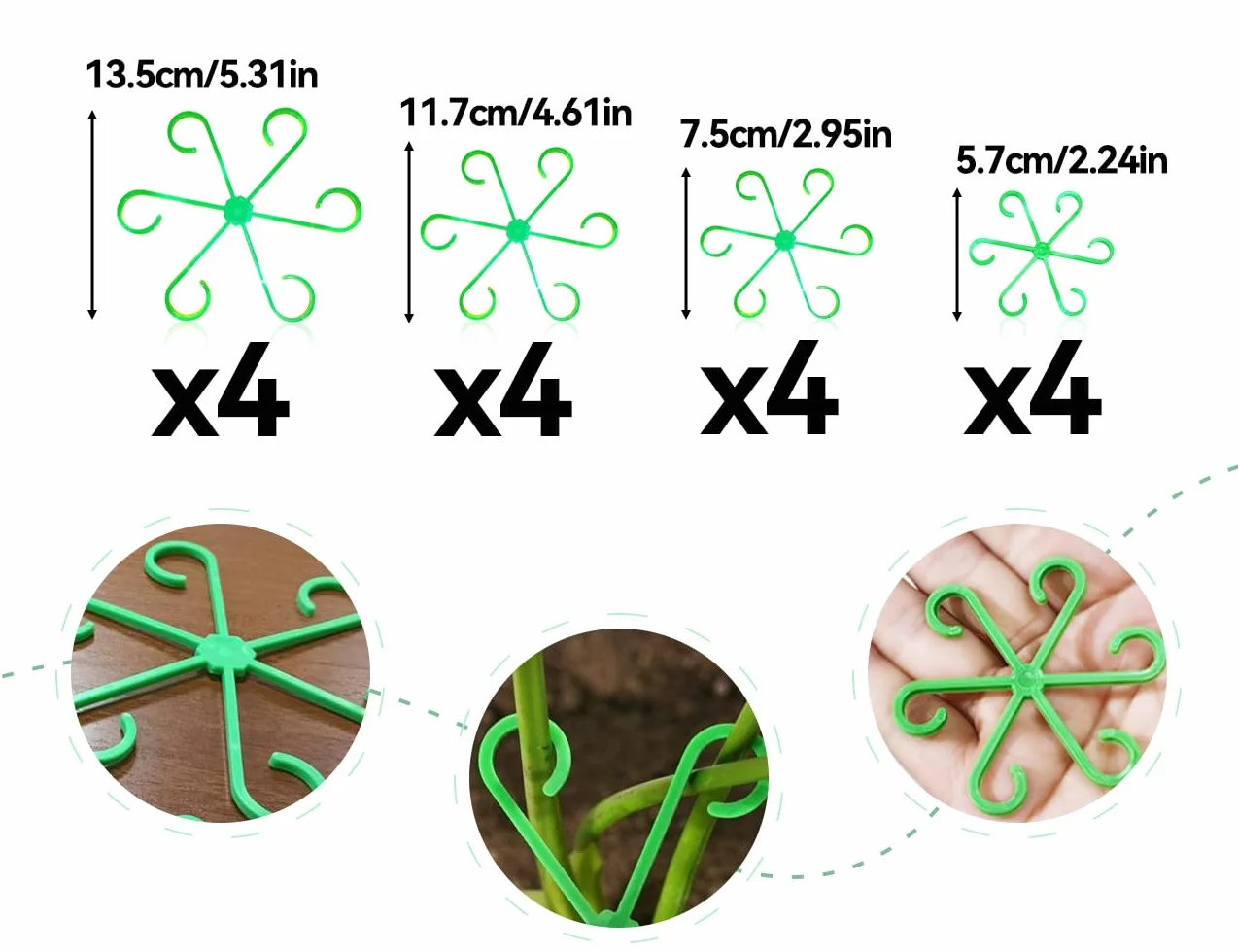 Plastikowe podpórki do roślin w 4 rozmiarach, wielokrotnego użytku, zielone