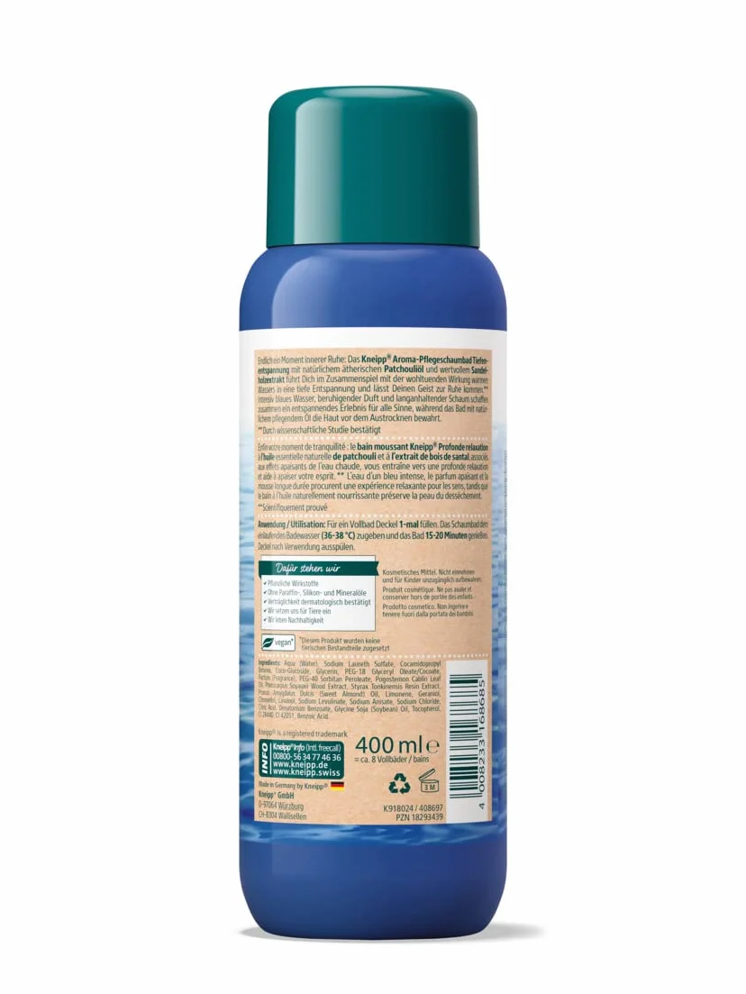 Kneipp Aromatyczna pianka pielęgnacyjna do kąpieli głęboki relaks – dodatek do kąpieli z cennym ekstraktem z drzewa sandałowego i naturalnym olejkiem eterycznym z paczuli – pielęgnujące i relaksujące