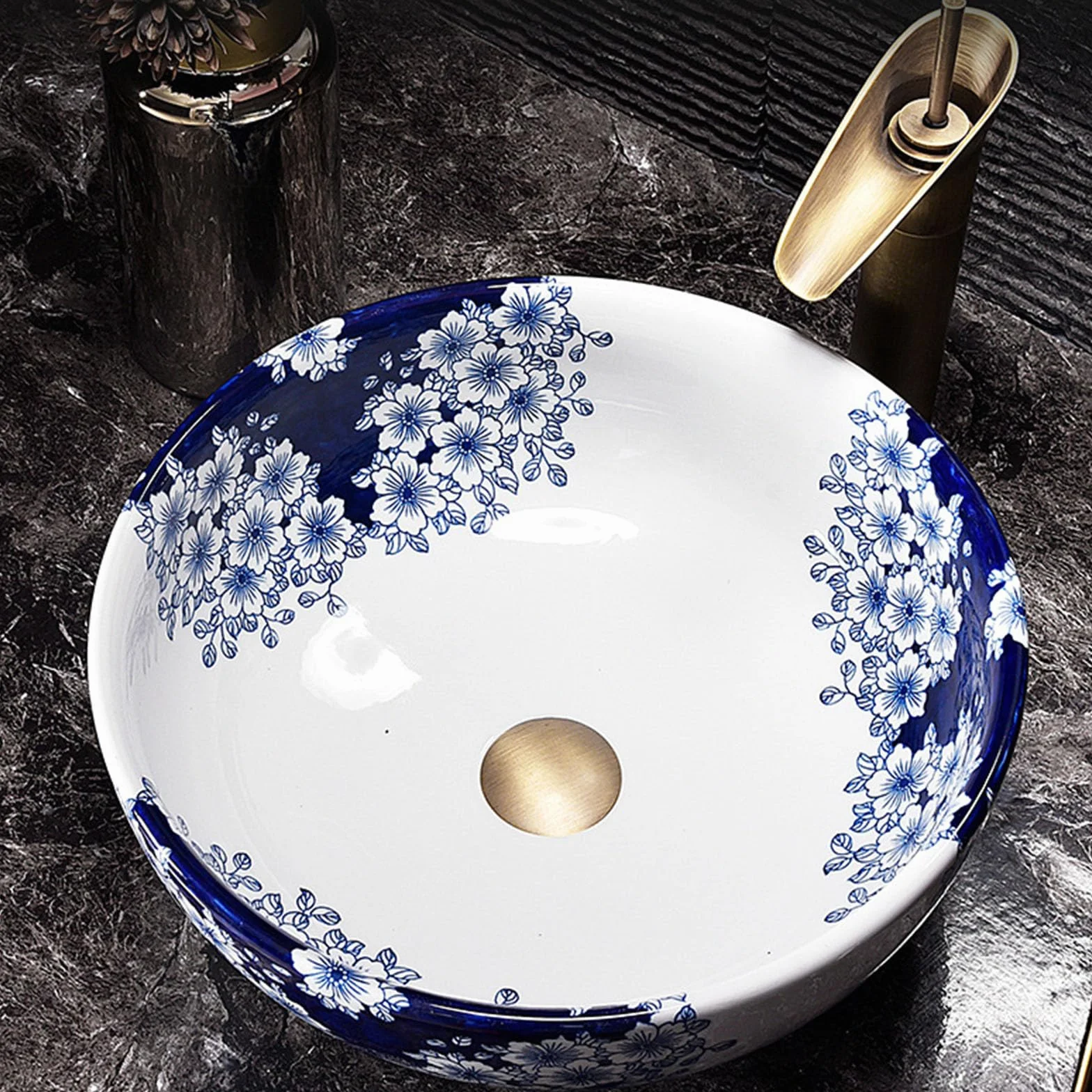 Okrągła ceramiczna umywalka nablatowa z porcelany do baru i małej łazienki - Nowoczesna umywalka łazienkowa w stylu vintage
