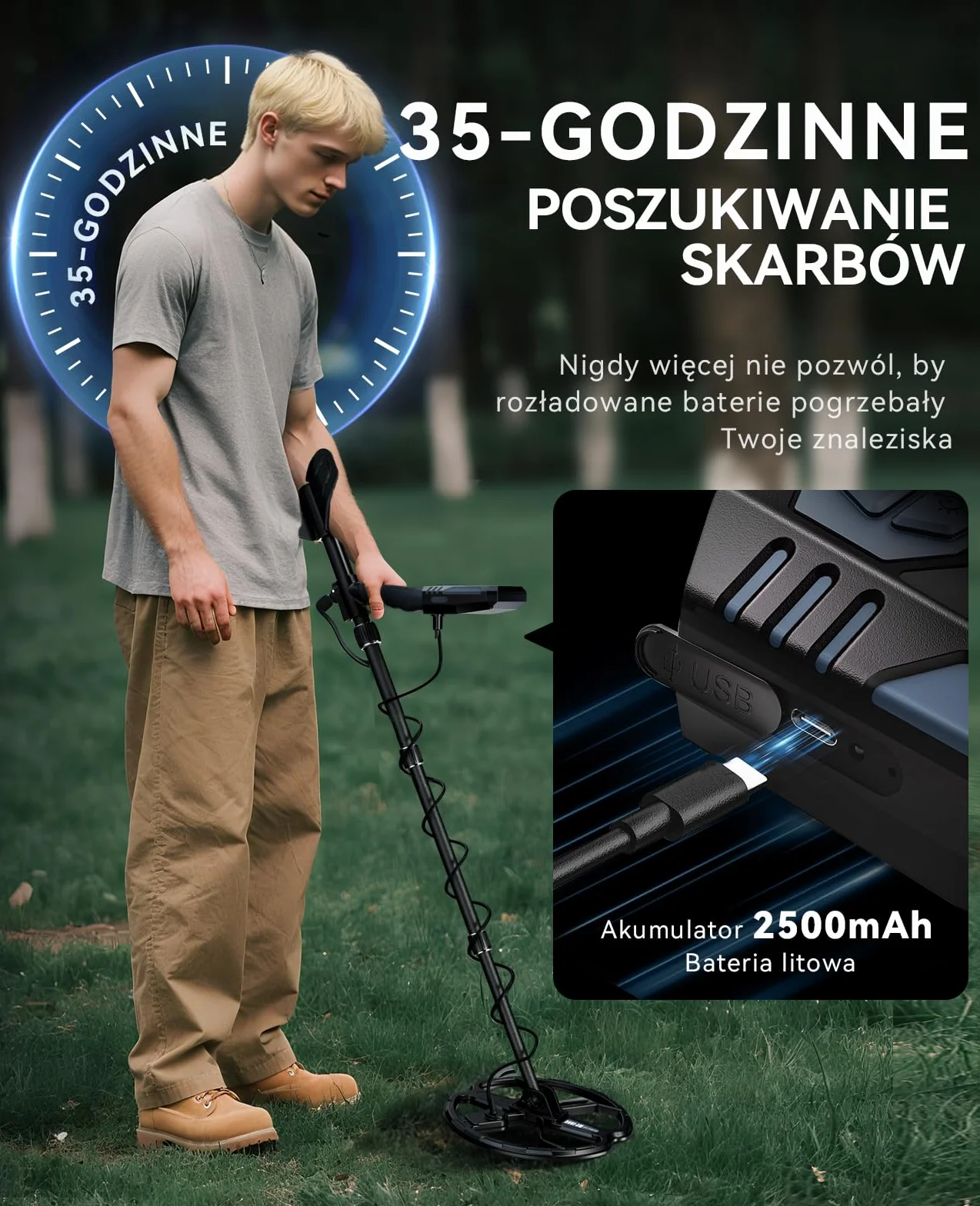 SUNPOW wykrywacz metali 11" Dual-D cewka lit-akumulator 35h IP68 wodoodporny 7-metal ID