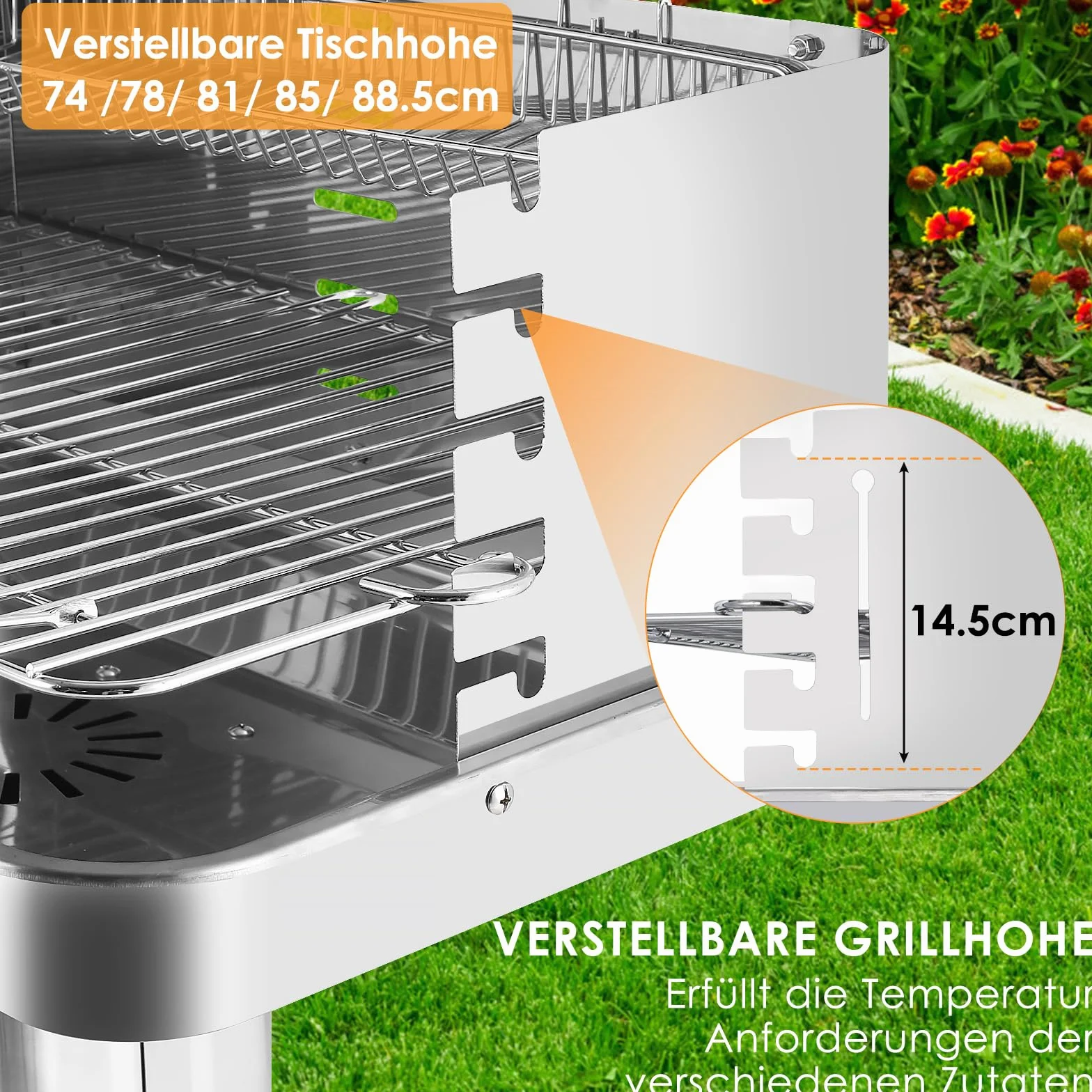 Grill na węgiel drzewny ze stali nierdzewnej, kolumnowy, z regulacją wysokości, kosz do przechowywania