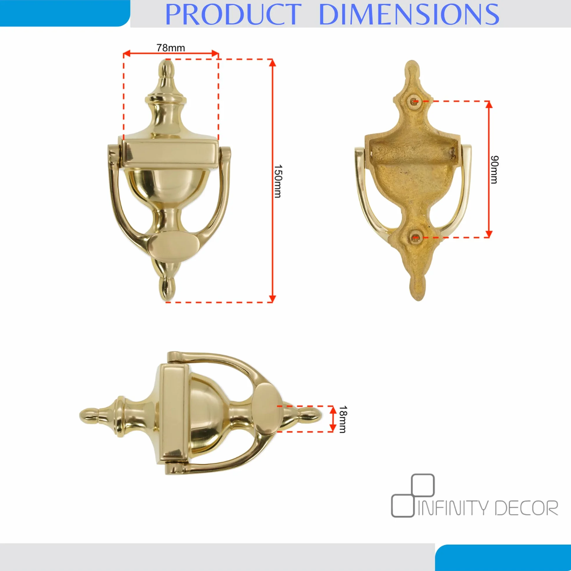 Infinity Decor Kołatka do drzwi w stylu wiktoriańskim 15 cm z litego mosiądzu w kształcie urny z polerowanego mosiądzu – najwyższej jakości ręczna kołatka do drzwi wejściowych