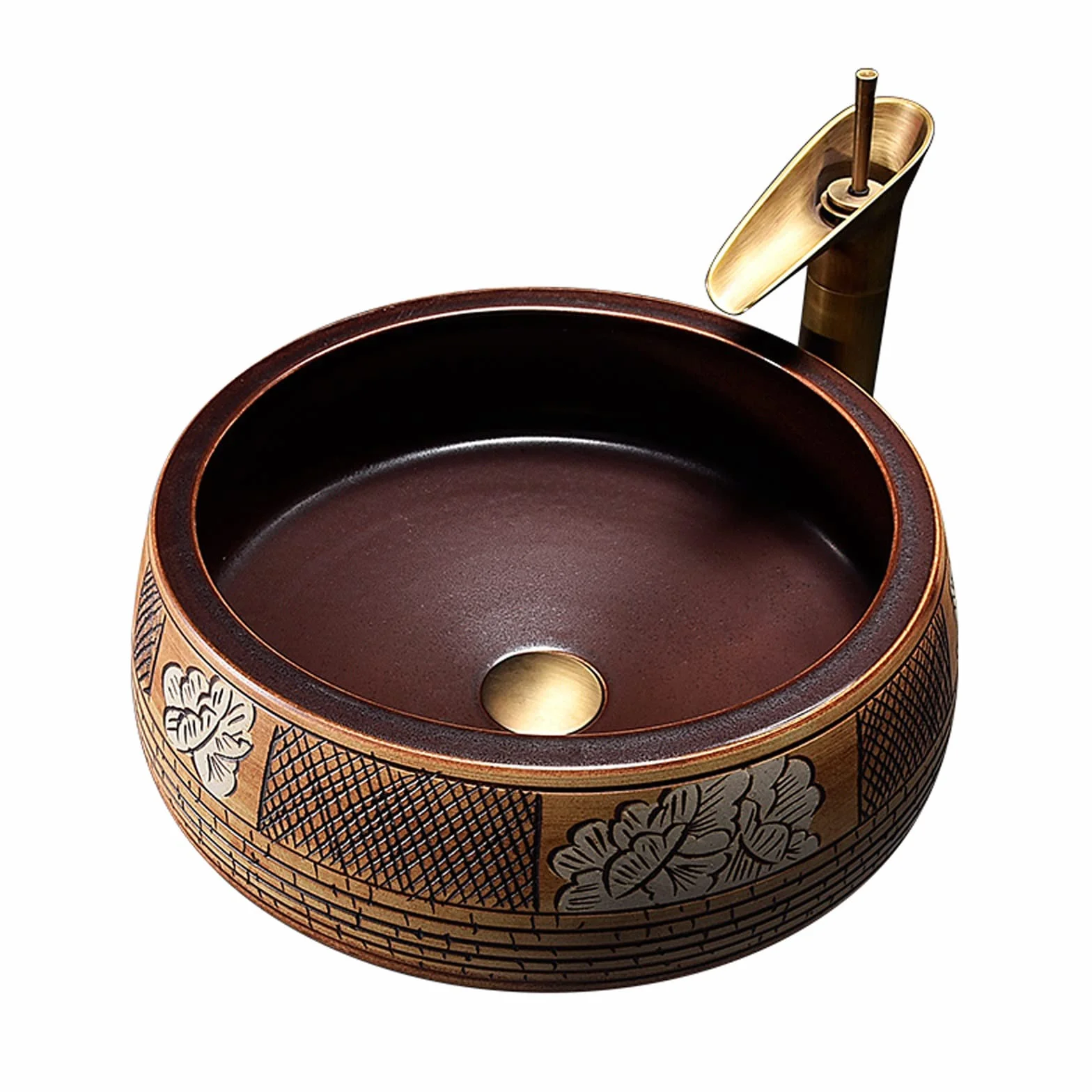 Stary zbiornik ceramiczny Okrągła umywalka nablatowa, zabytkowa ceramiczna umywalka nablatowa artystyczna z kranem i odpływem typu pop-up, umywalka łazienkowa z porcelany artystycznej, B, C(B)