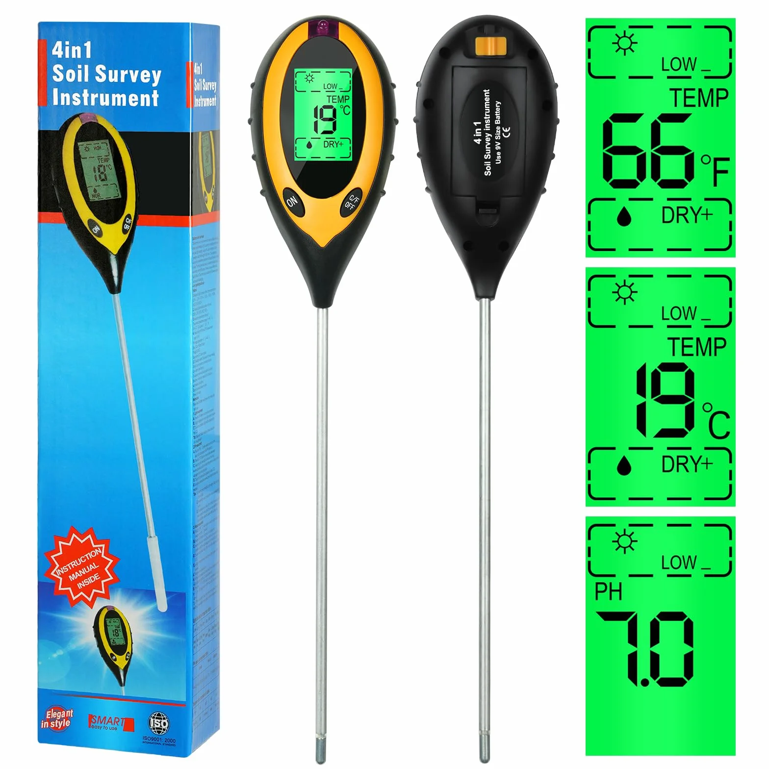 flintronic Tester gleby 4 w 1 pH-metr, cyfrowy tester z termometrem do roślin mierzący oświetlenie, temperaturę, PH, wilgotność gleby, miernik wilgotności do ogrodu 4 w 1, tester ziemi