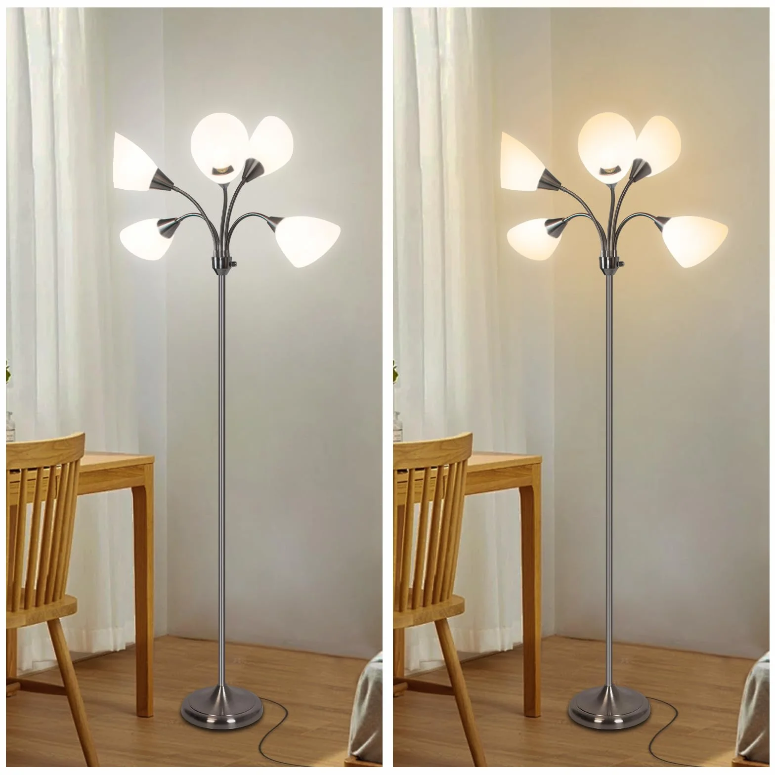 HonoDing Medusa Lampy podłogowe Lampy stojące 5 głowic Regulowane światło do czytania Duży klosz Żarówka E26 A19 Lampy podłogowe do salonu Sypialnia (satyna niklowa)