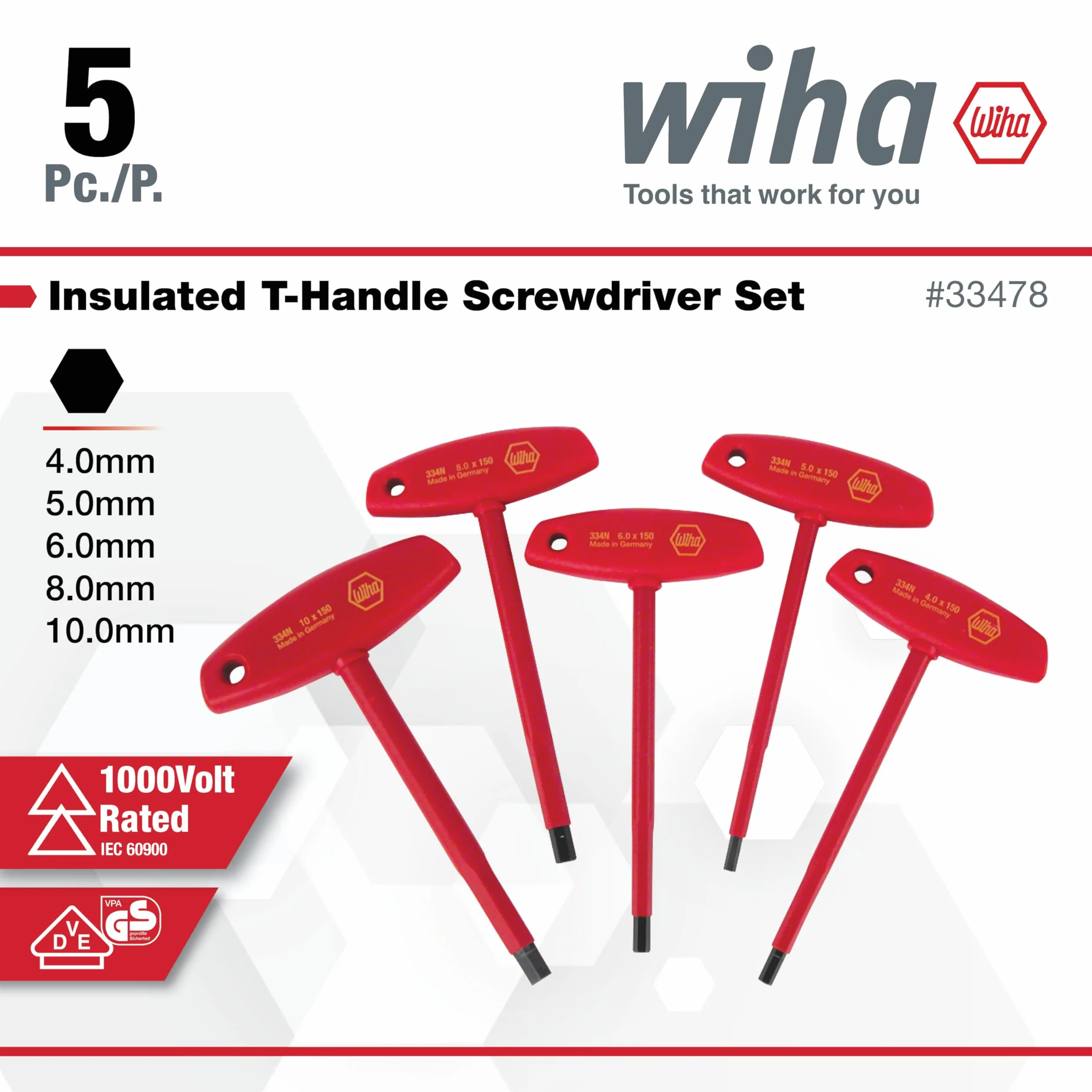 Wiha 33478 izolowany sześciokątny z metrycznym uchwytem T z zestawem 4.0, 5.0, 6.0, 8.0 i 10,0 mm, 5 szt