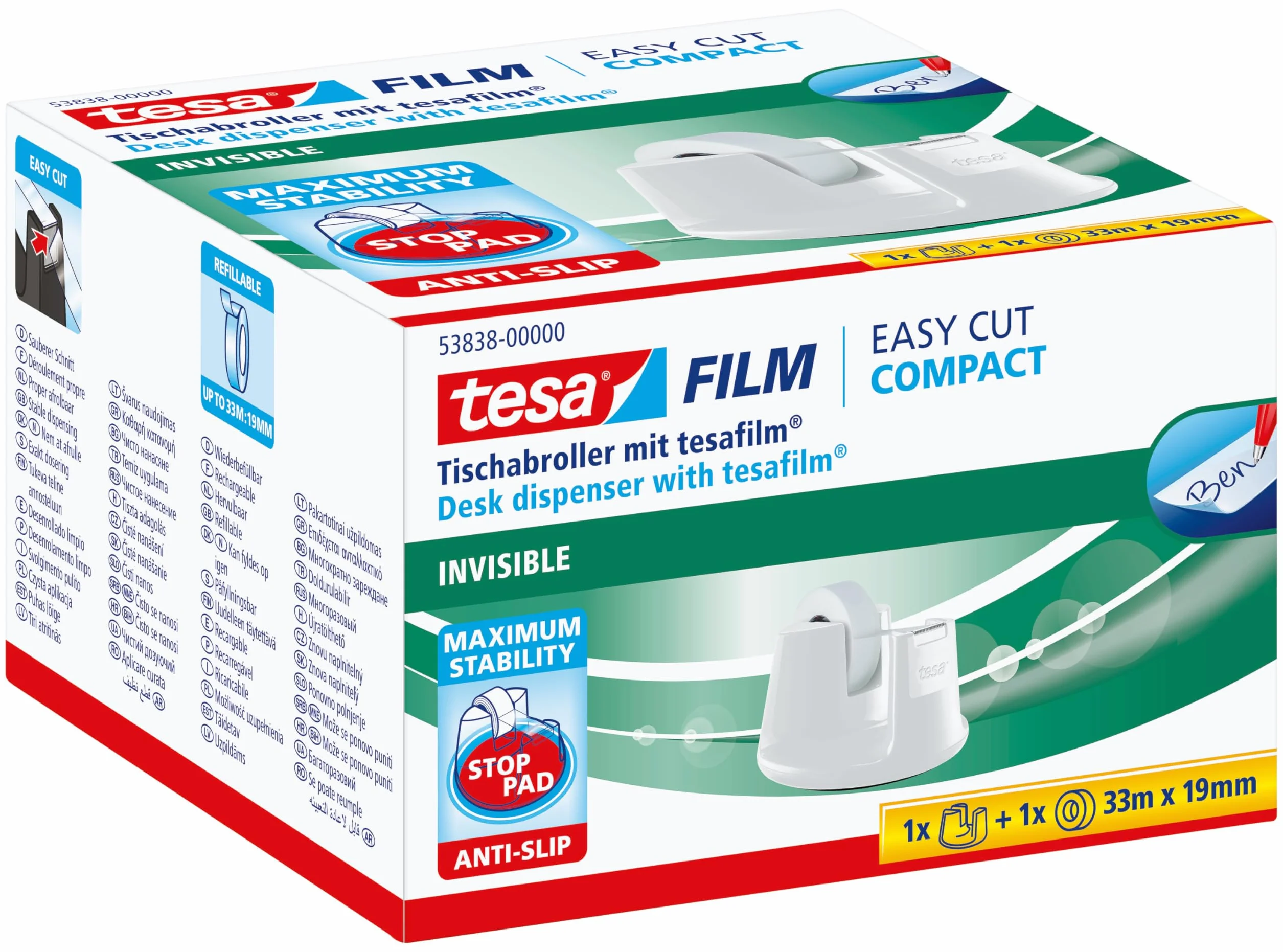 tesa Dyspenser stołowy z nowym antypoślizgowym dnem, model "Compact", biały, wraz z 1 rolką taśmy Tesafilm matowo-niewidoczny, 33 m : 19 mm
