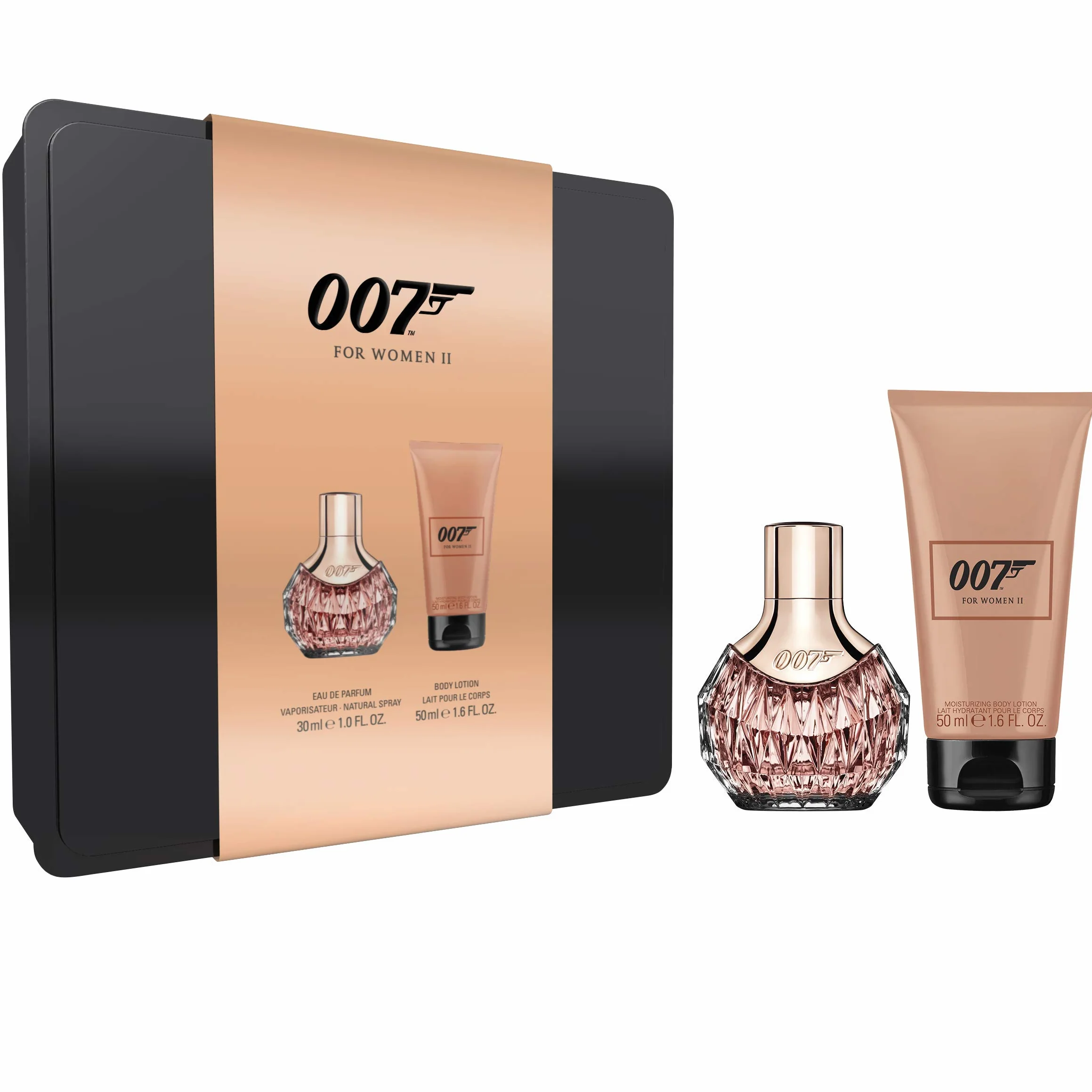 James Bond for Woman Tin Box II, uwodzicielska woda perfumowana i balsam do ciała na każdą okazję, dla nowoczesnych i kobiecych kobiet, 1 x 30 ml i 1 x 50 ml