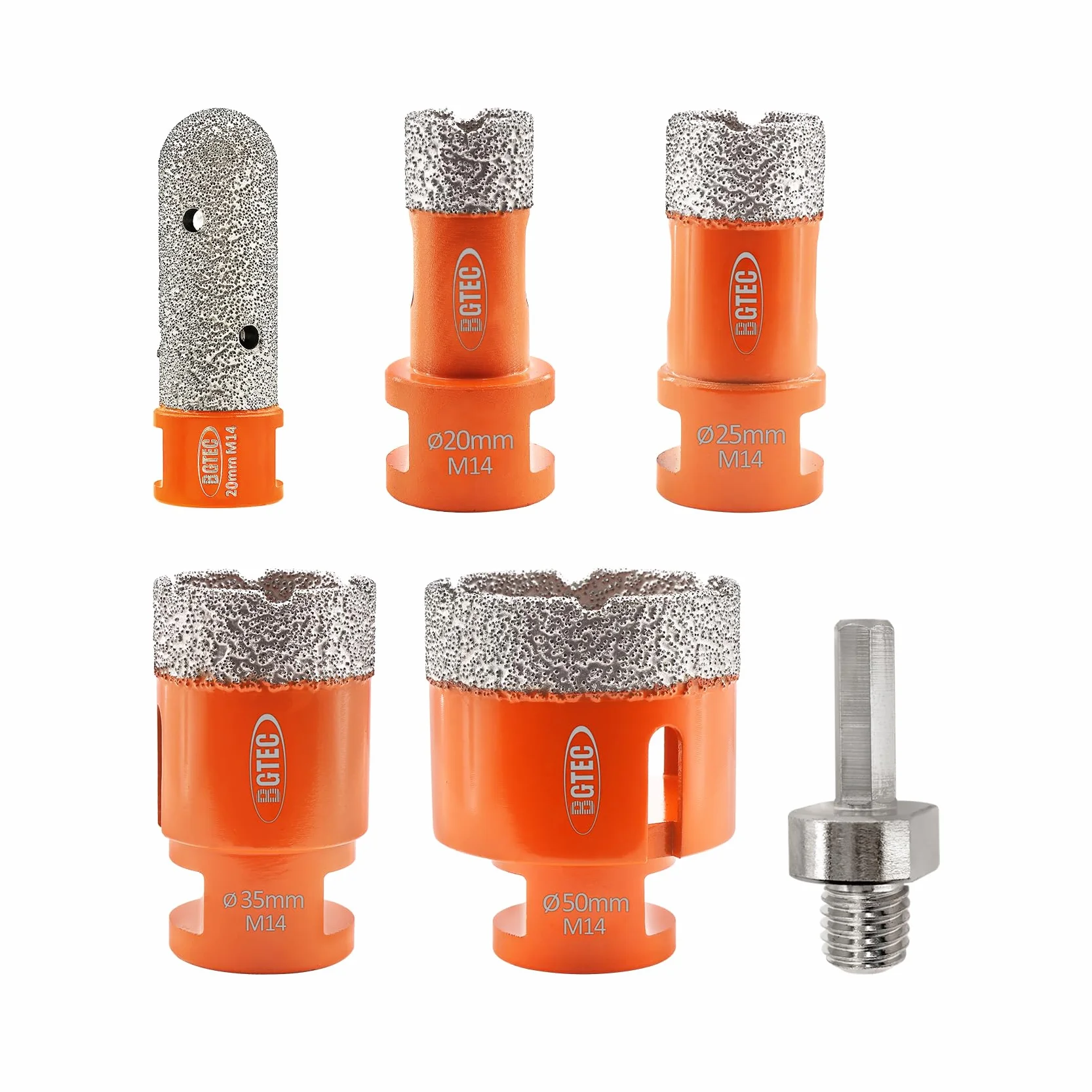 BGTEC Zestaw diamentowych wierteł do płytek – 6 sztuk (20/25/35/50 mm + 20 mm wiertło palcowe + adapter sześciokątny) z gwintem M14 do porcelany, ceramiki, płytek, granitu, marmuru, muru, kamienia