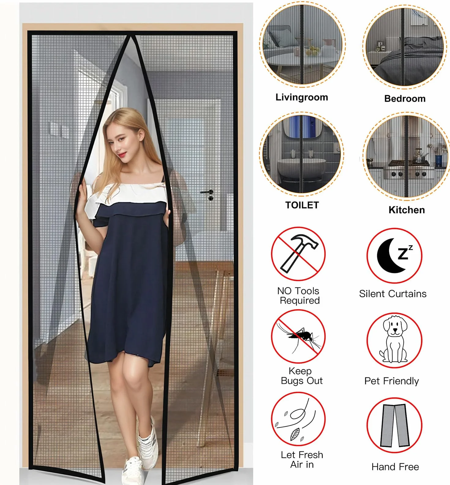 Moskitiera magnetyczna do drzwi okiennych 80 x 220, czarna, ochrona przed owadami w postaci magnetycznej zasłony do drzwi i okien, do korytarza, patio, łatwa instalacja