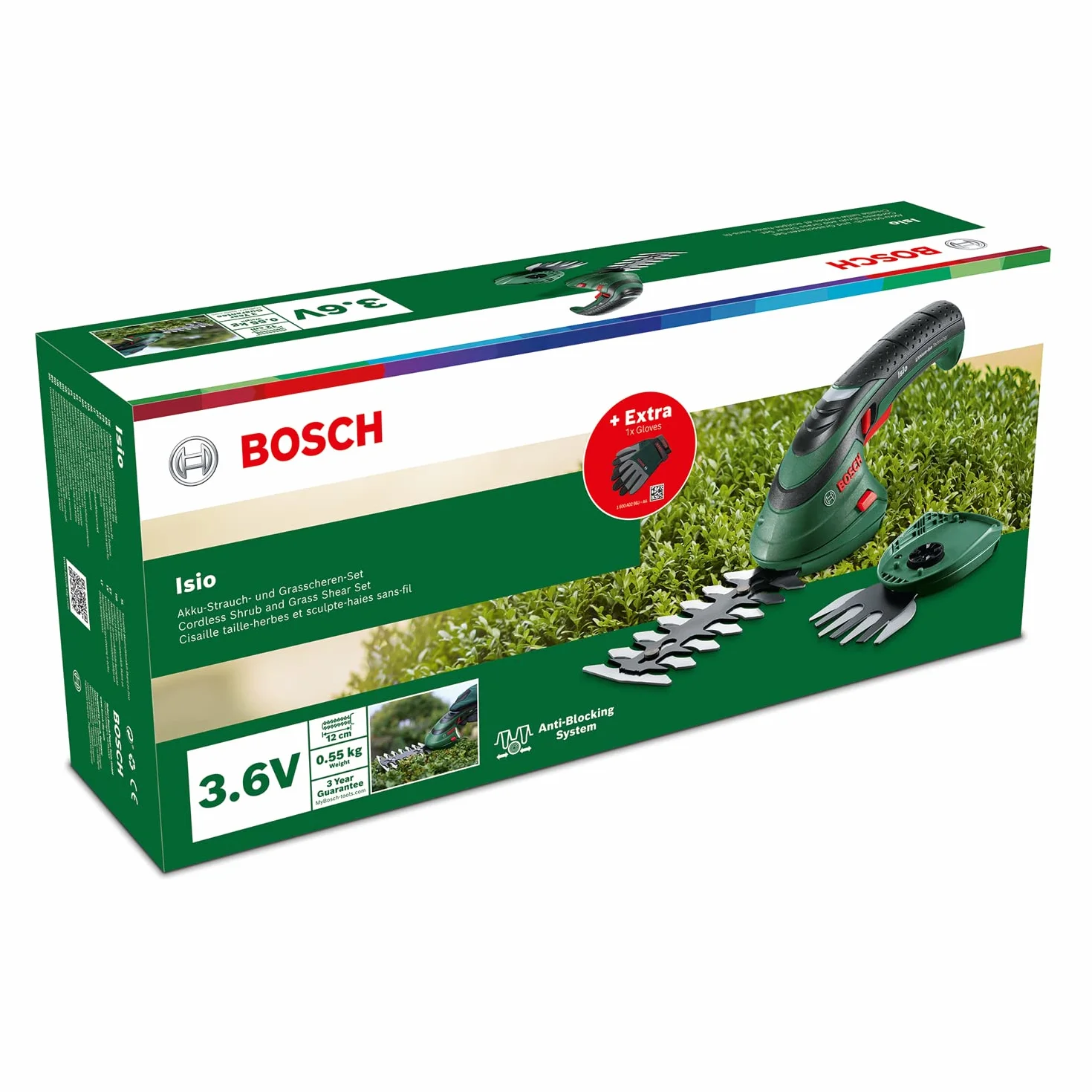 Bosch Isio Zestaw z akumulatorowymi nożycami do przycinania krawędzi (3,6 V, długość ostrza: 12 cm, odstęp pomiędzy nożami: 8 mm, rękawice ogrodowe XL, Zielone – Amazon Edition