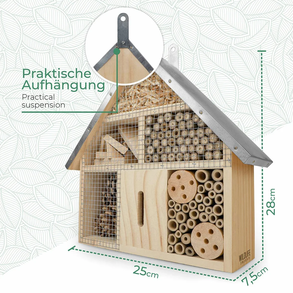 Wildlife Friend Domek dla owadów z naturalnego drewna i metalu do mocowania – idealny dla pszczół, biedronek, motyli – wymiary 25 x 7,5 x 28 cm – metalowy dach