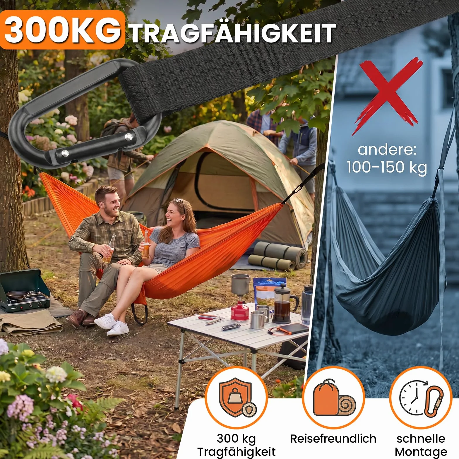 Zestaw 2 mocowań do hamaka, 2 m, czarne pasy z 2 klamrami z haczykami + 1 torba do przechowywania, nośność 500 kg, hamak na kemping