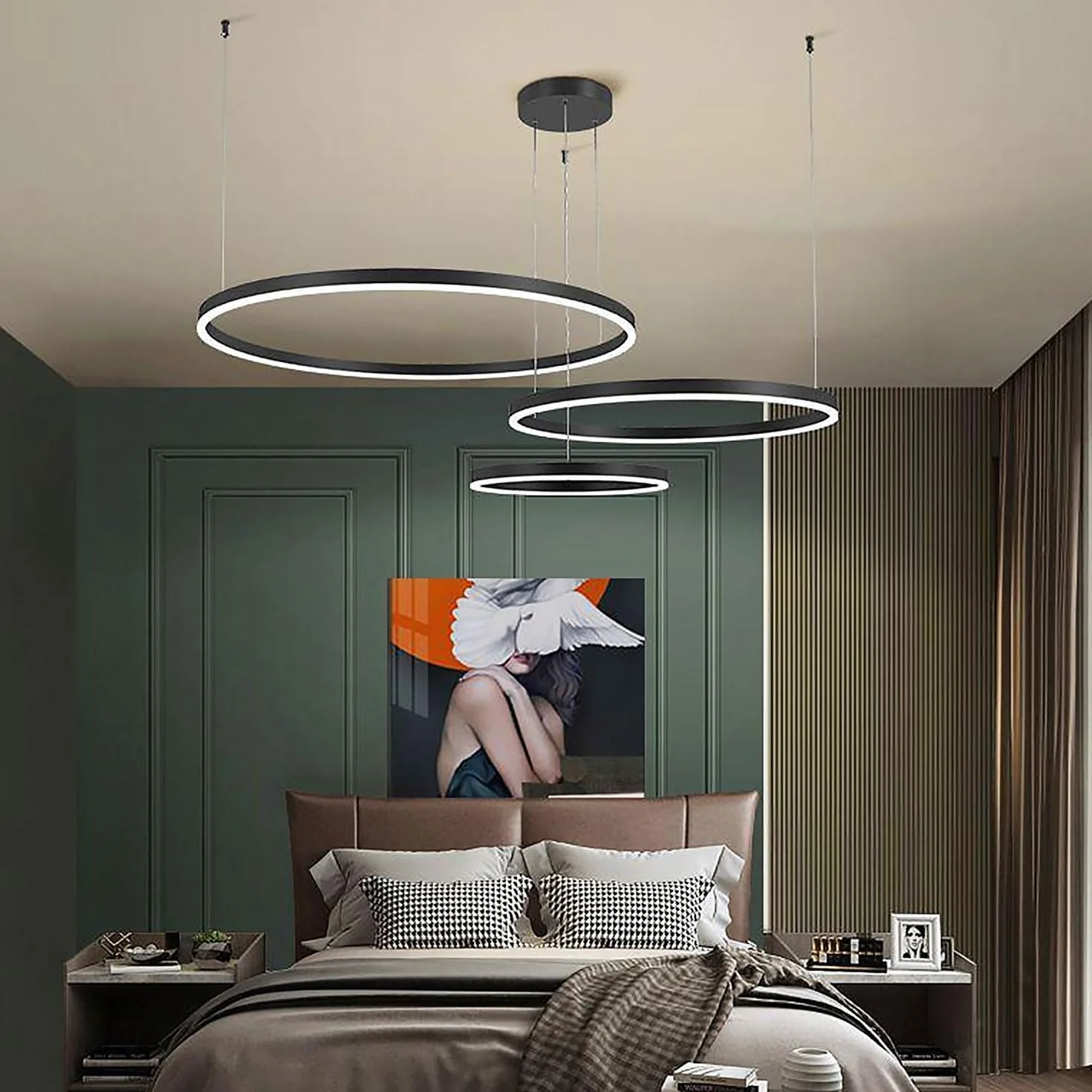 Lampy Wiszace Nowoczesna Restauracja LED Zyrandole Pierścień Ze Zdalnym Sterowaniem Ściemnialne Oświetlenie Sypialni Regulowana Wysokość Dla Salonu Kuchnia Lampy Sufitowe (Color : Black 20+40+60cm)