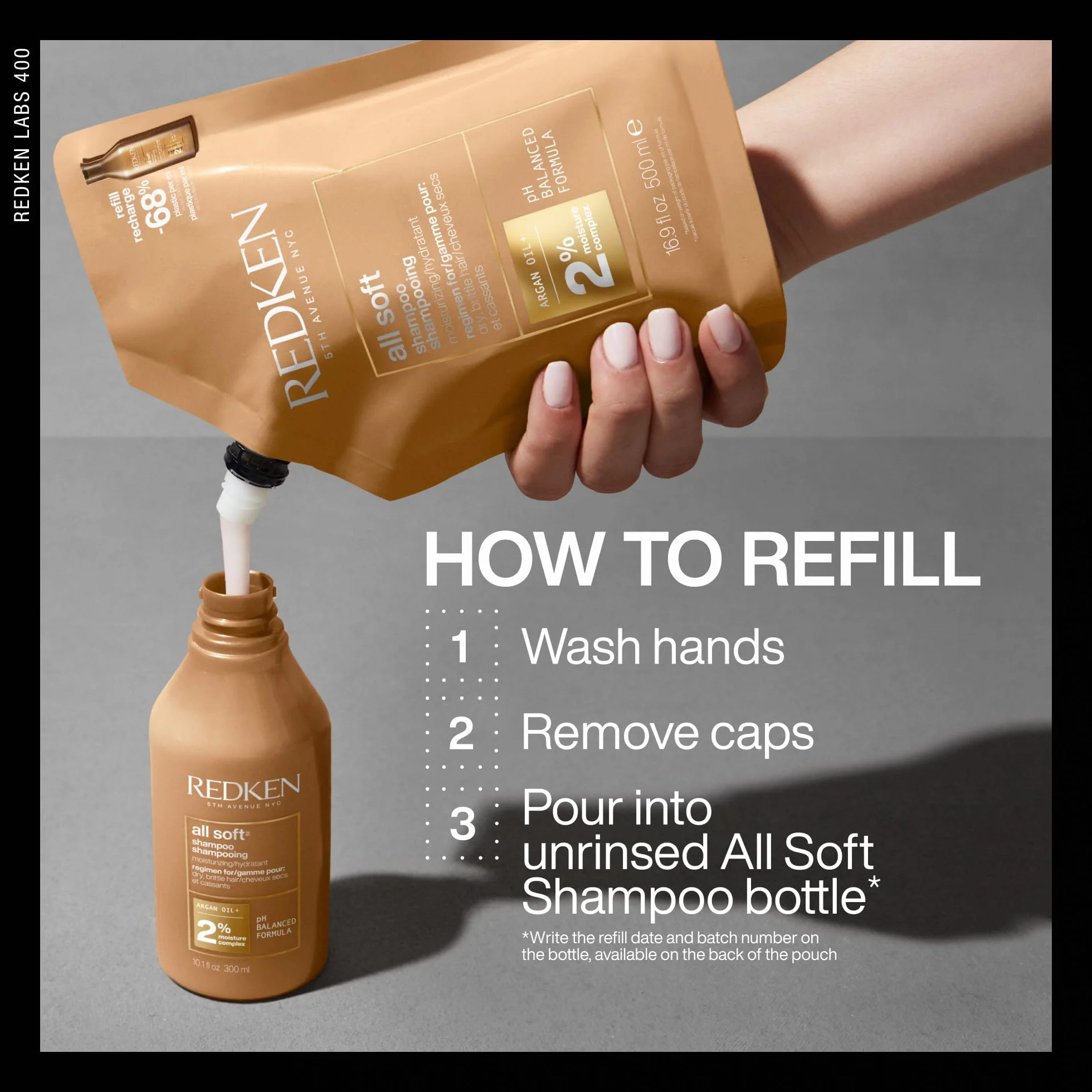 Redken Szampon do włosów suchych i łamliwych włosów, ożywia i nawilża z omega-6 i olejkiem arganowym, szampon All Soft, 1 x 500 ml opakowanie uzupełniające