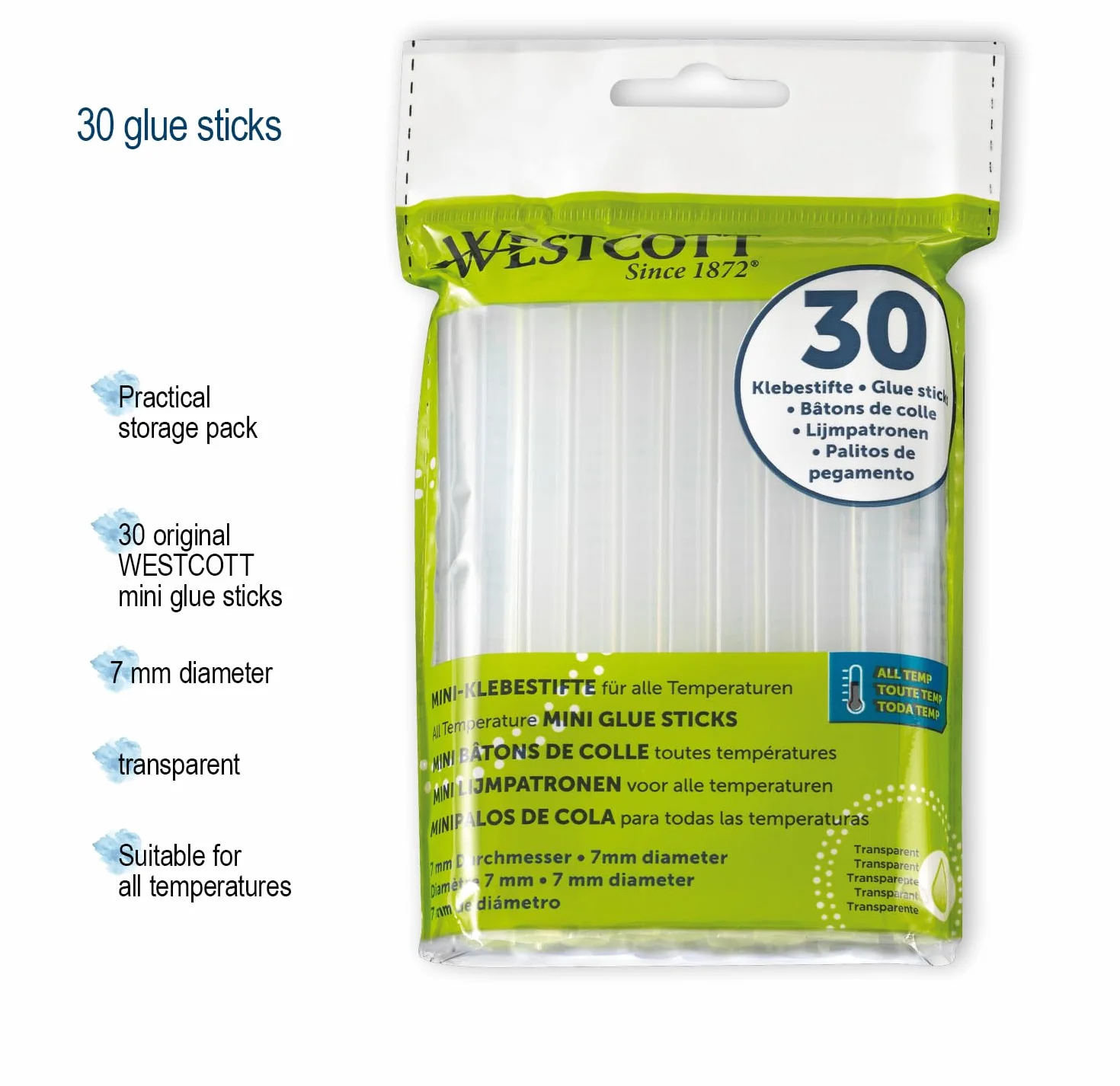 Westcott E-16837 00 Wkłady do Pistoletu do Klejenia na Gorąco, Przezroczyste, Zestaw: 30 Sztuk i Średnica 7 mm i 102 mm