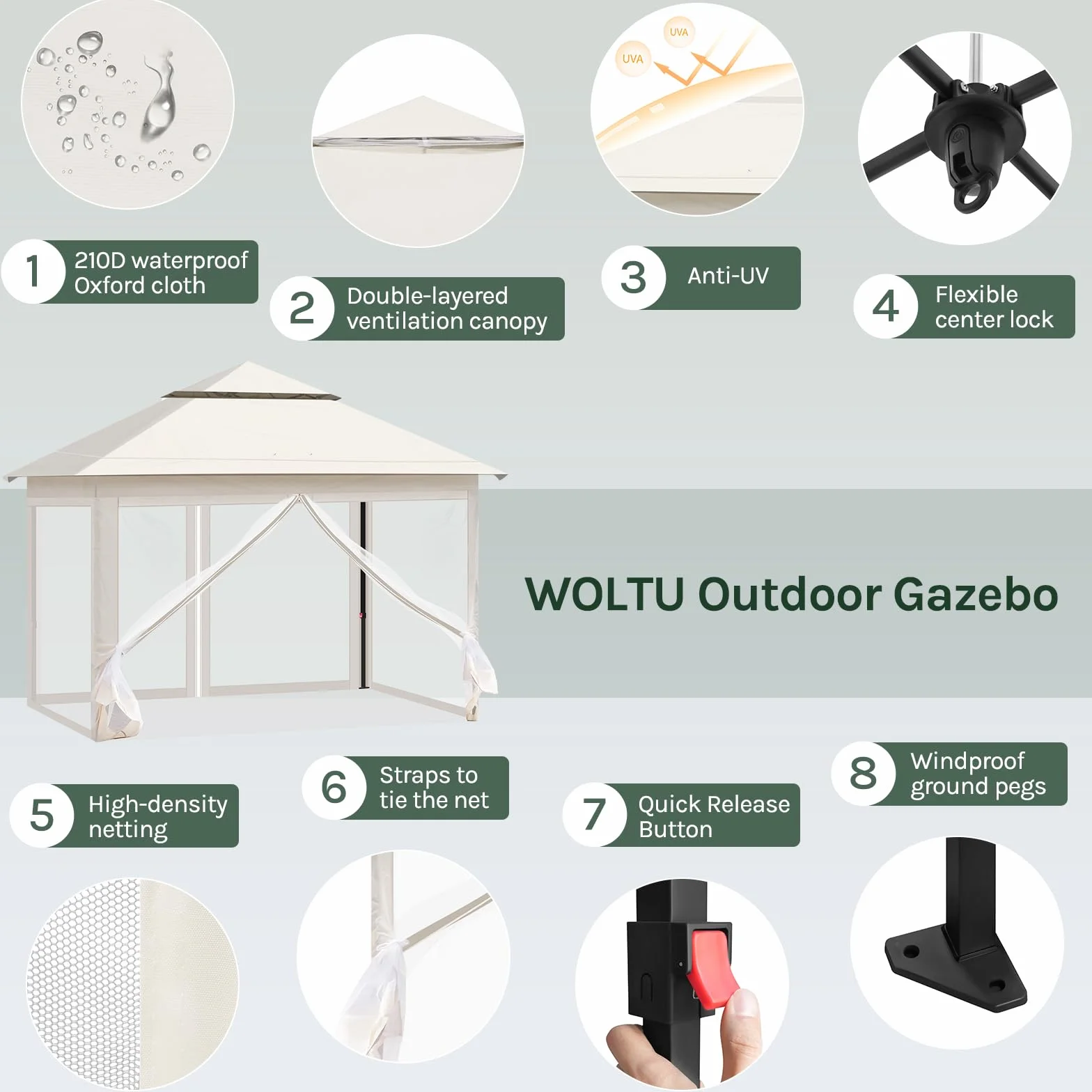 WOLTU Pawilon ogrodowy na zewnątrz, pergola 3 x 3 m, składany pawilon z wyjmowaną moskitierą, podwójny wodoodporny dach, torba do przenoszenia, odporny na promieniowanie UV, beżowy