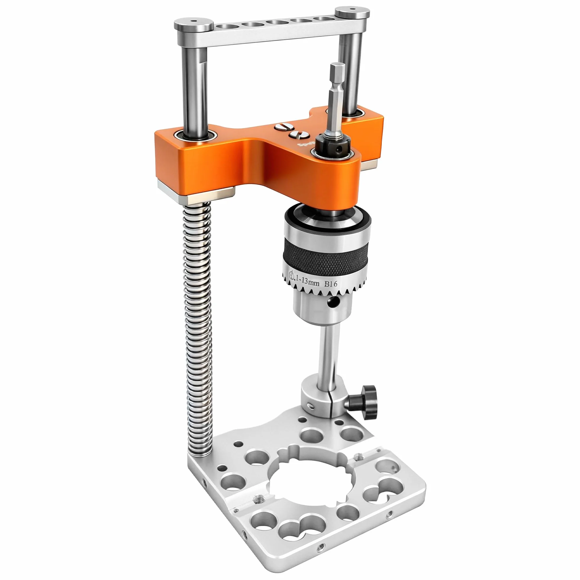 SpeTool S04003 mobilny stojak wiertarski, uchwyt zaciskowy 1/2", stojak wiertarski do wkrętarki akumulatorowej, głębokość 0-160 mm, sprężynowe precyzyjne urządzenie do obróbki drewna, mebli, wiercenia