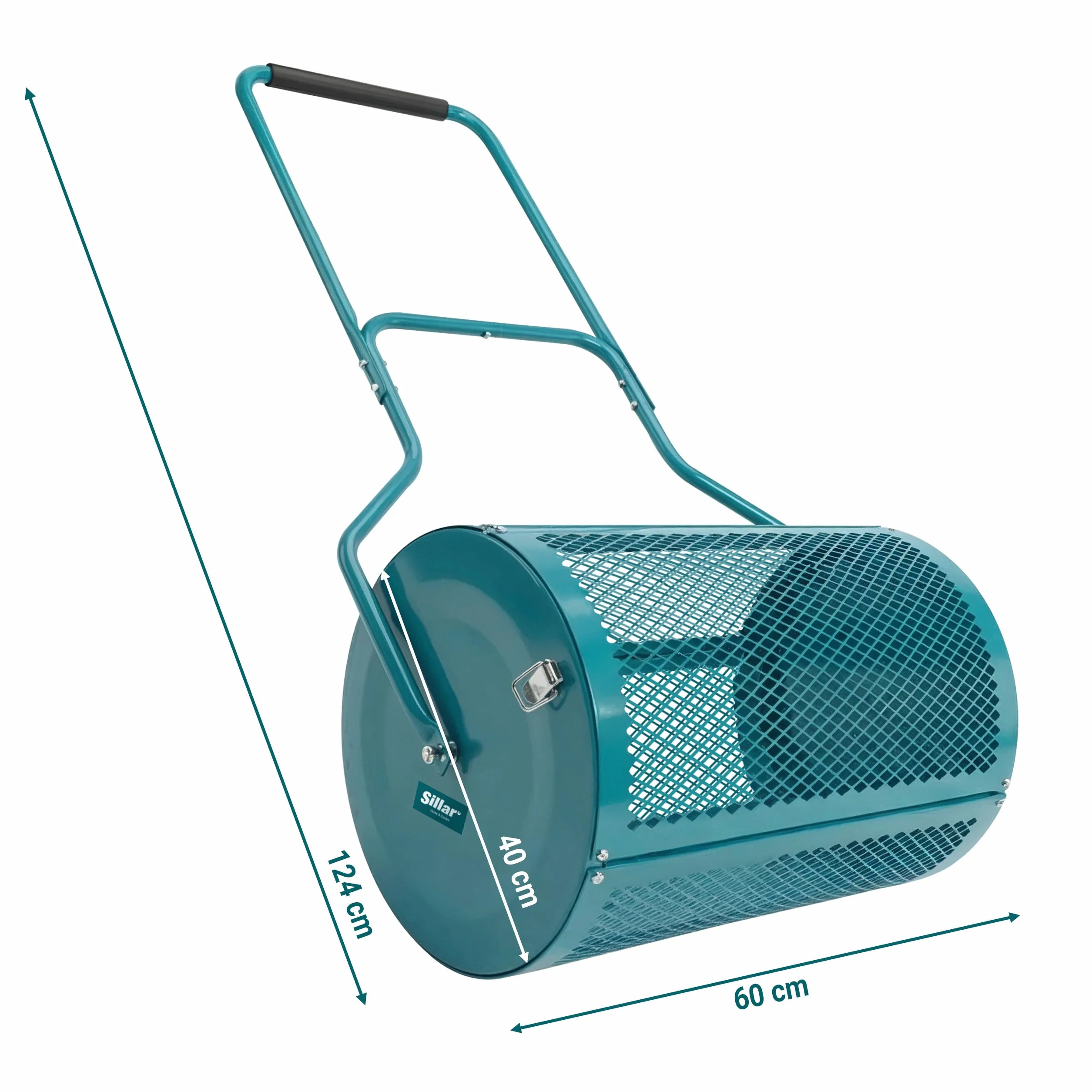 Sillar Rozrzutnik Kompostu 75 l, Rozrzutnik Nawozu Metalowy do Trawników z Walcem Siatkowym 40 x 60 cm, Rozrzutnik Ogrodowy do Kompostu, Torfu, Nawozów Organicznych i Piasku, Wózek z Uchwytem
