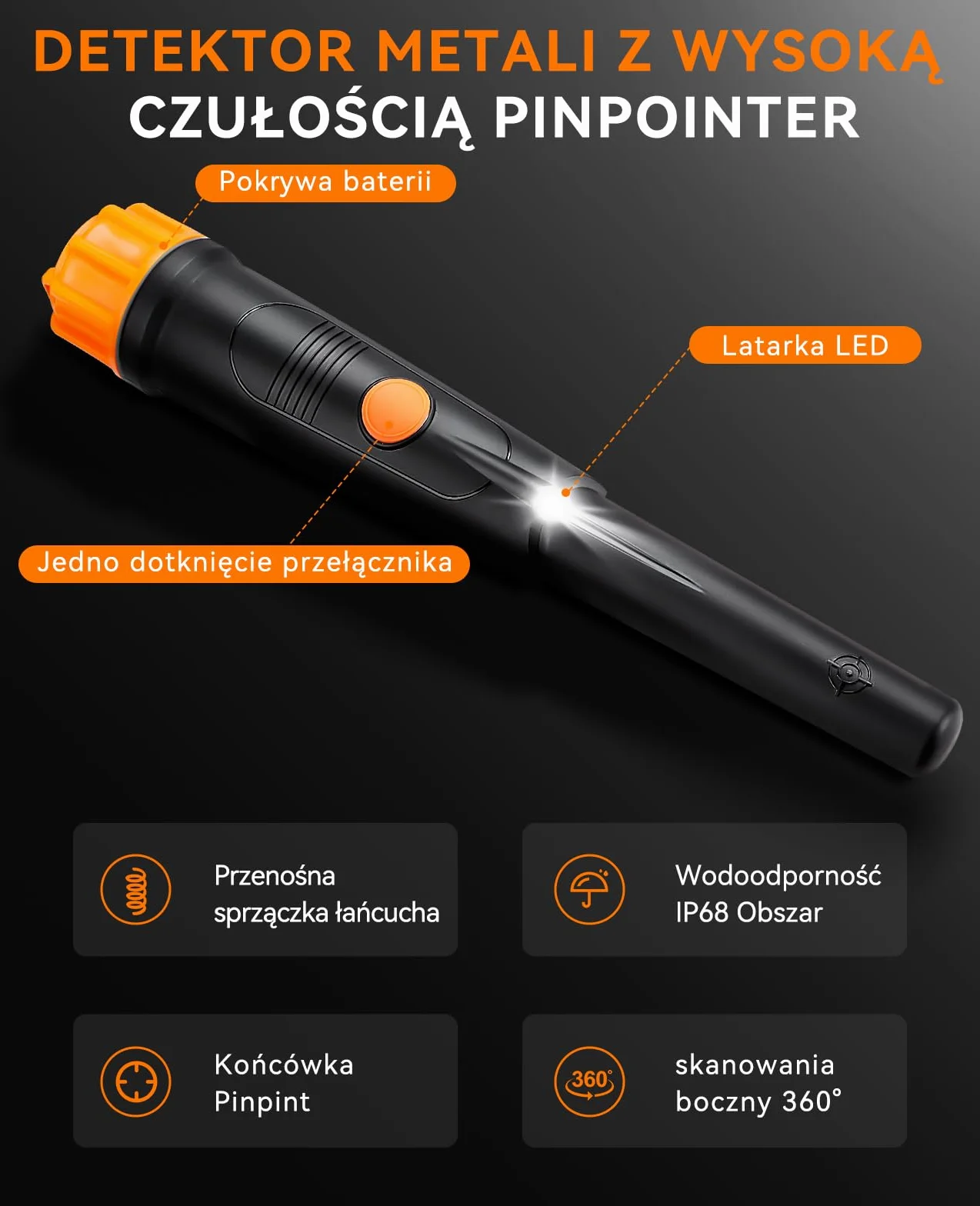 SUNPOW Wykrywacz Metali Pinpointer – IP68 Wodoodporny 360° Detektor Metalu z Kaburą, Dźwięk, Wibracje (3 Tryby), Bateria 9V i Woreczek Aksamitny w Zestawie