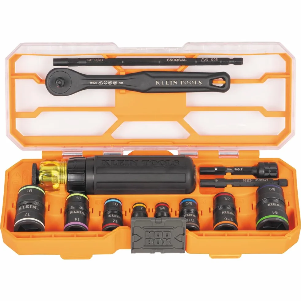 Klein Tools 65242 Zestaw nasadek udarowych KNECT, zestaw wkrętaków zapadkowych, napęd 1/4-calowy, SAE i metryczne gniazda z klapką, 16 rozmiarów sześciokątnych, adaptery, obudowa MODbox