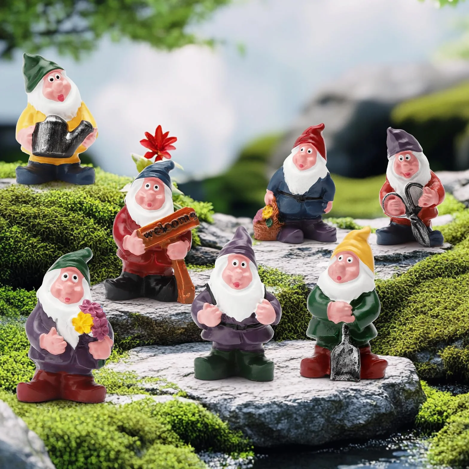 APOMOONS 7 miniaturowych krasnali ogrodowych, miniaturowe krasnale ogrodowe, zabawne miniaturowe miniaturowe krasnale ogrodowe, do użytku na zewnątrz, zabawne i świąteczne, akcesoria do dekoracji