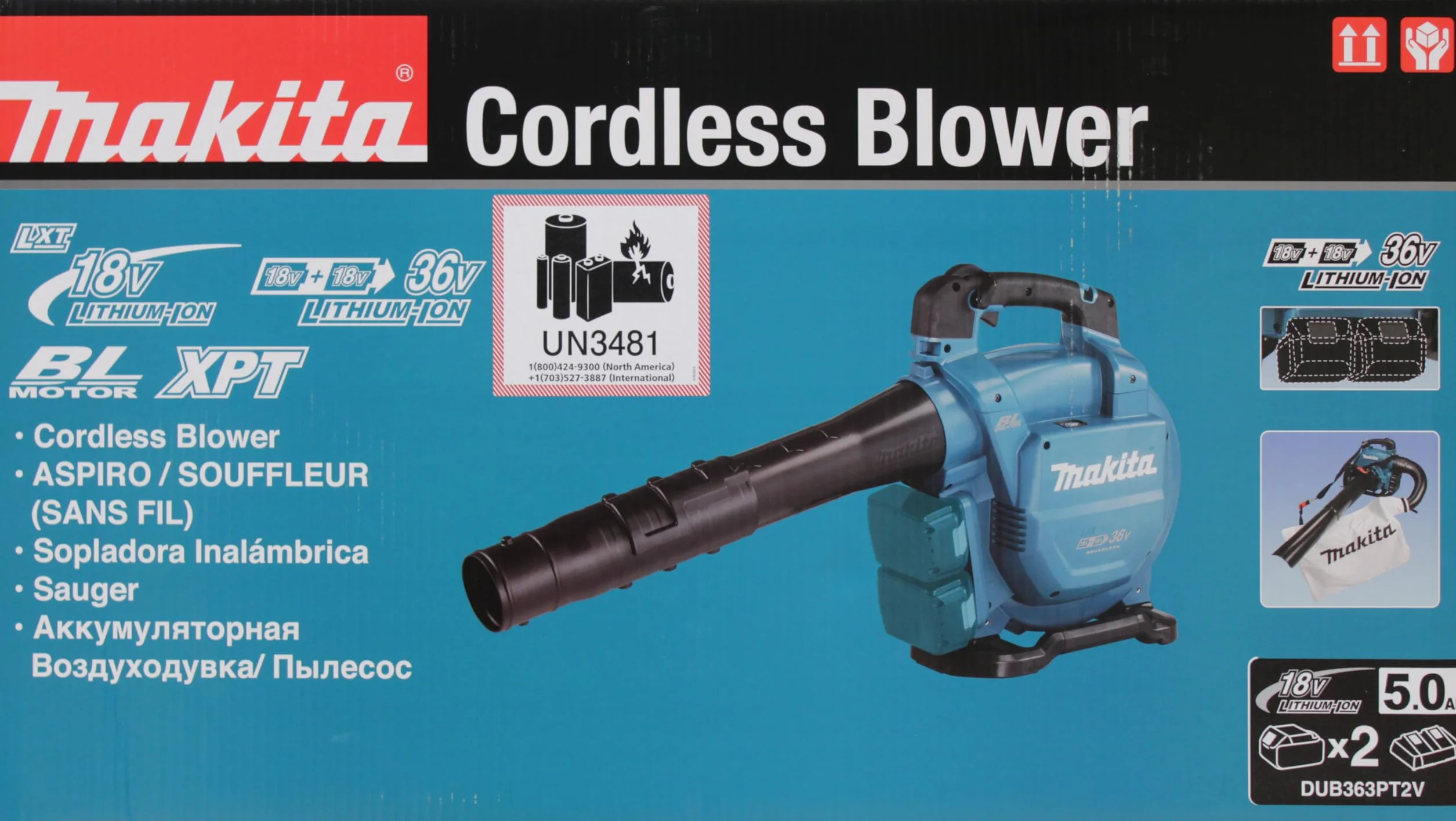 Makita DUB363PT2V akumulatorowa dmuchawa do liści/odkurzacz 2 x 18 V/5,0 Ah, 2 akumulatory + ładowarka z podwójną ładowarką
