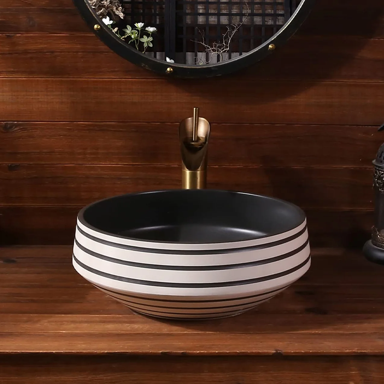Porcelanowa Umywalka Nablatowa, Okrągła Artystyczna Umywalka Łazienkowa, Czarno-Biała Umywalka Ceramiczna Nablatowa