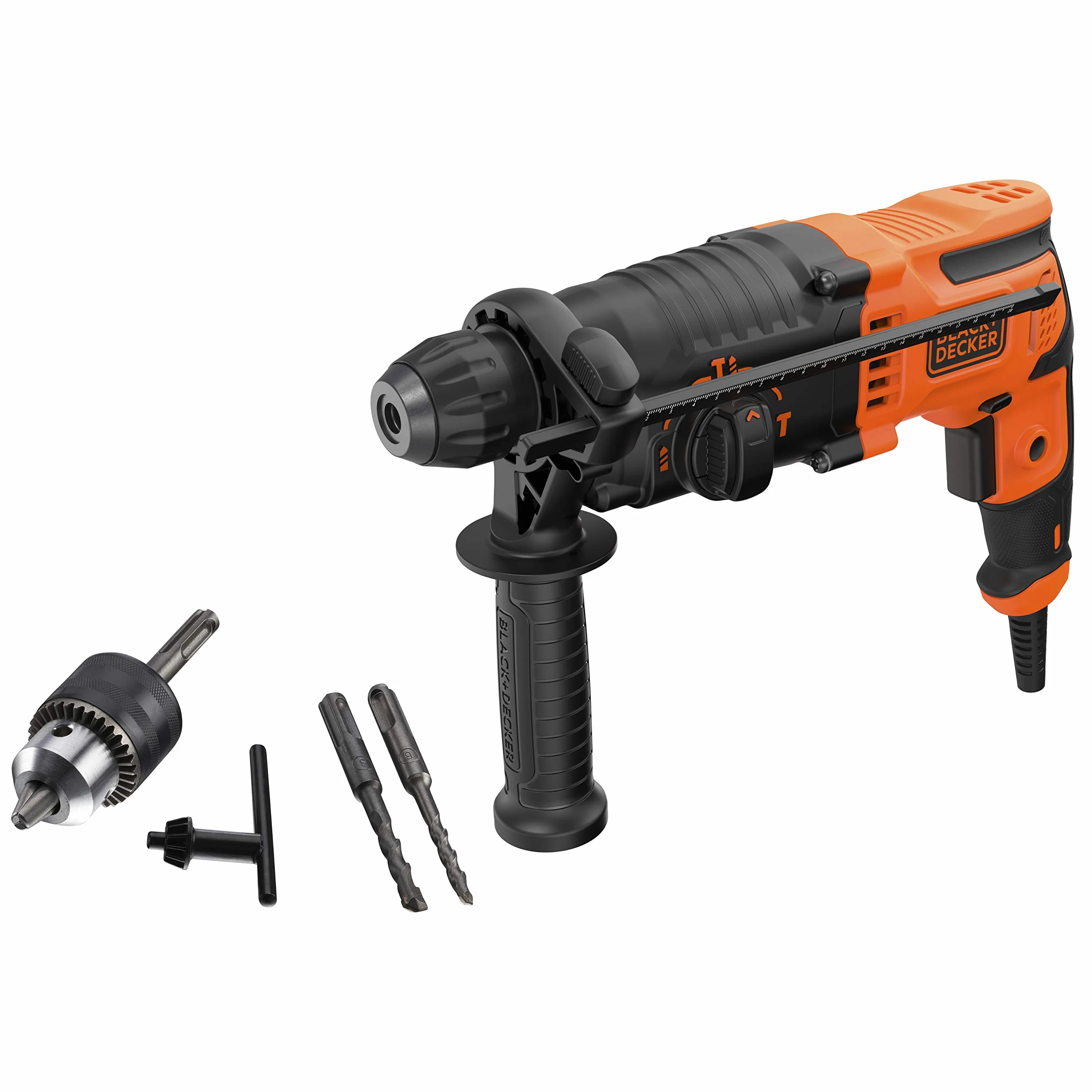 Black+Decker SDS-plus młot kombi BEHS01 (650 W, 1,4 J, do efektywnego wiercenia, udaru i lekkich prac dłutujących, w zestawie 2 wiertła SDS-plus, uchwyt wiertarski na koło zębate, adapter)