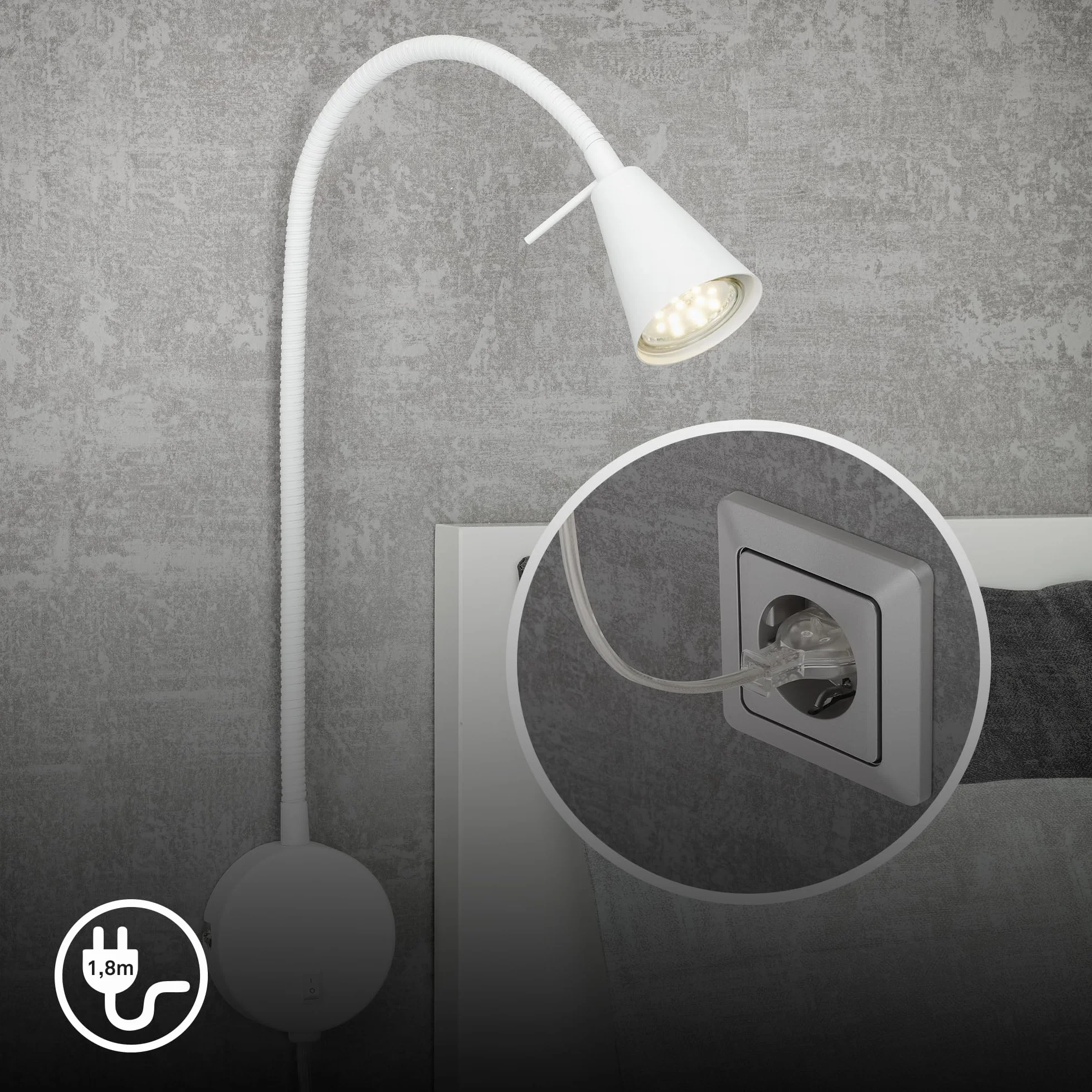Briloner Leuchten lampa LED do łóżka Flexarm, w zestawie włącznik/wyłącznik, 4 W, 400 lumenów, 3000 kelwinów, metal, biała, 4 W