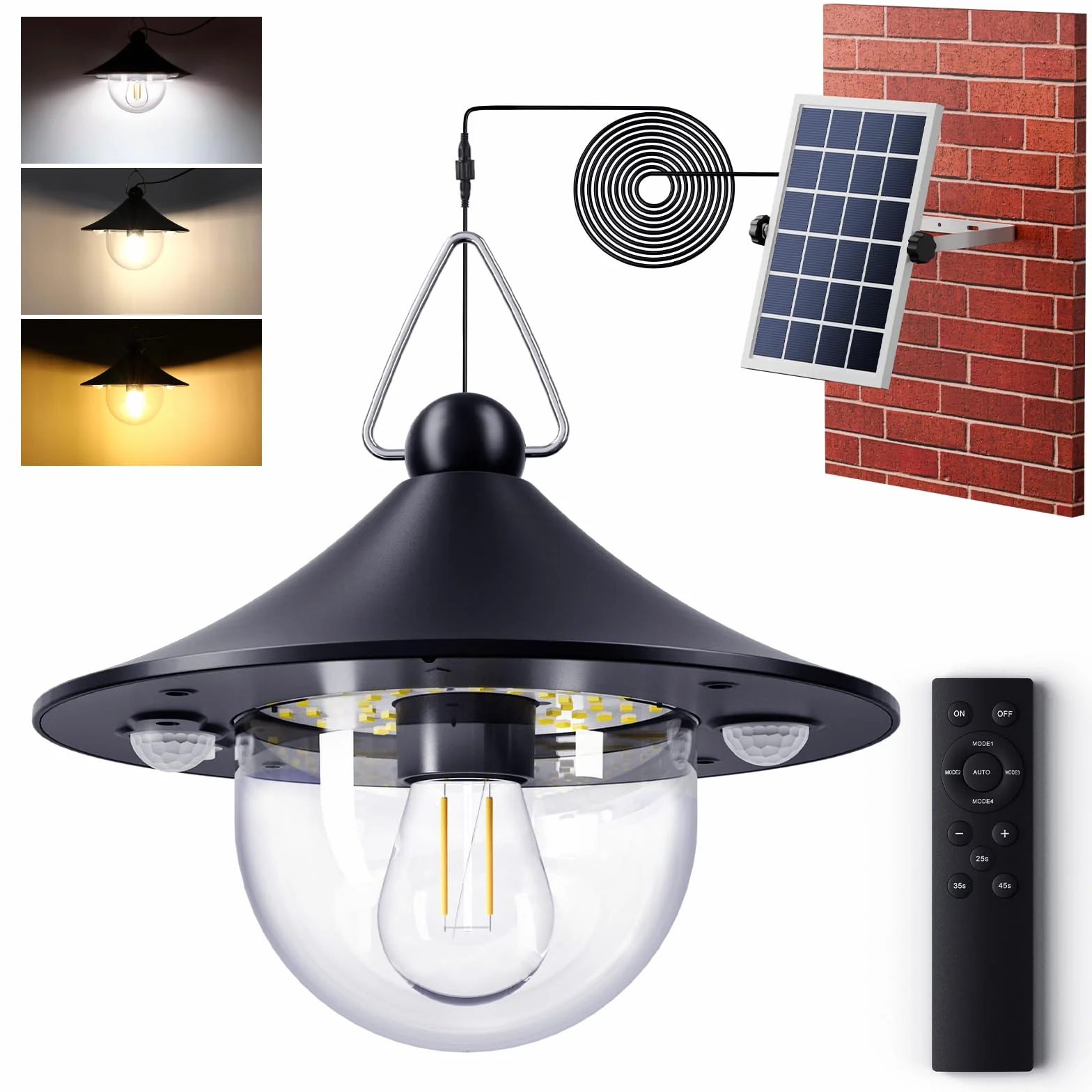 Quntis Zewnętrzna lampa solarna z pilotem zdalnego sterowania i żarówka E27, wodoodporna zewnętrzna lampa solarna IP65 z czujnikiem ruchu, 5 trybów, 2700K-6500K, 80 diod LED do pergoli ogrodowej