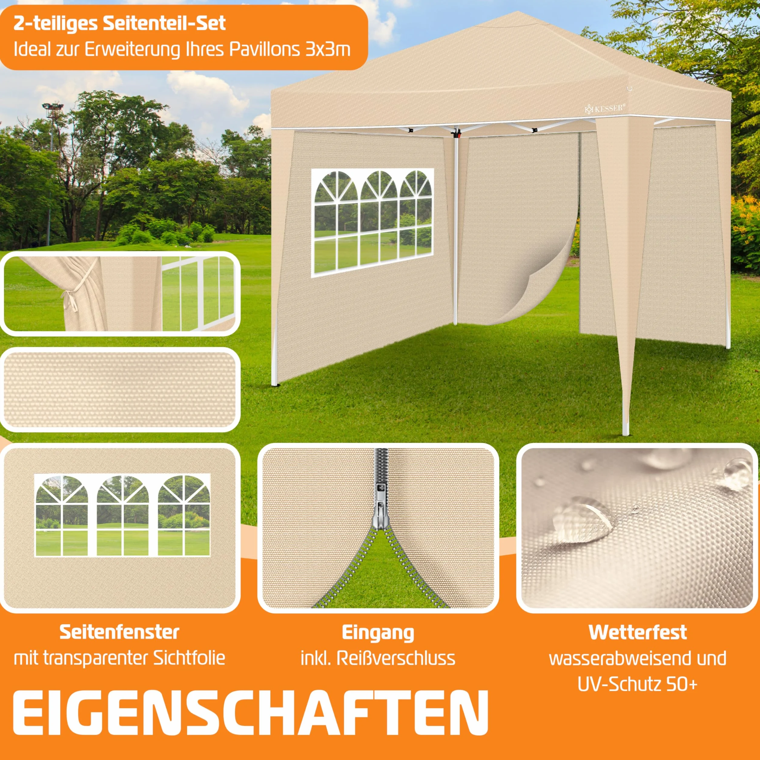 KESSER® 2X Panel boczny do pawilonu 3x3m - Pop Up | składany | oszczędzający miejsce | chowany| z zamkiem błyskawicznym| okno boczne Przezroczysty| Odporny na warunki atmosferyczne - Beżowy