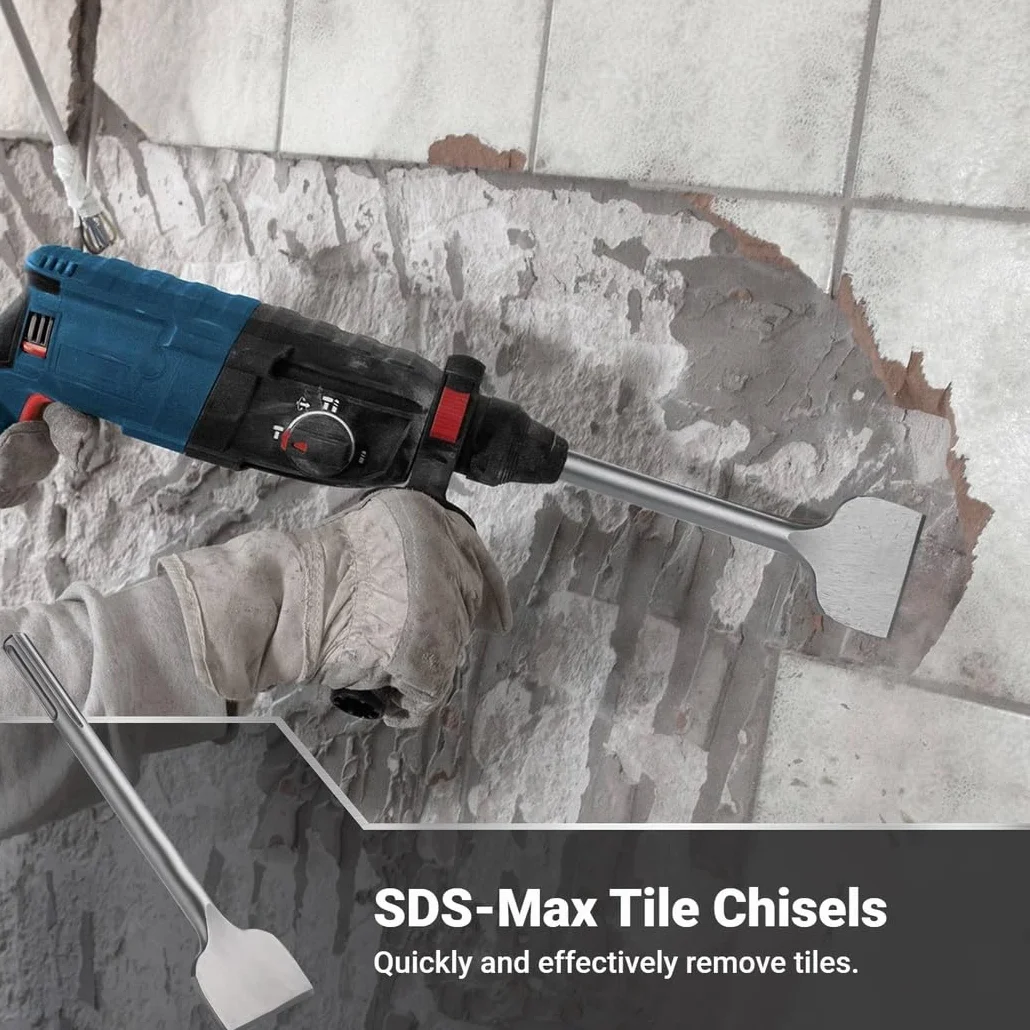 Dłuta do płytek SDS Max do elektrycznych wiertarek udarowych z trzpieniem SDS Max, 28 cm x 7,5 cm, płaskie dłuta ze stali chromowej 40CR do ceramiki, cementu, betonu, ściany z cegły, kamienia, 2 szt