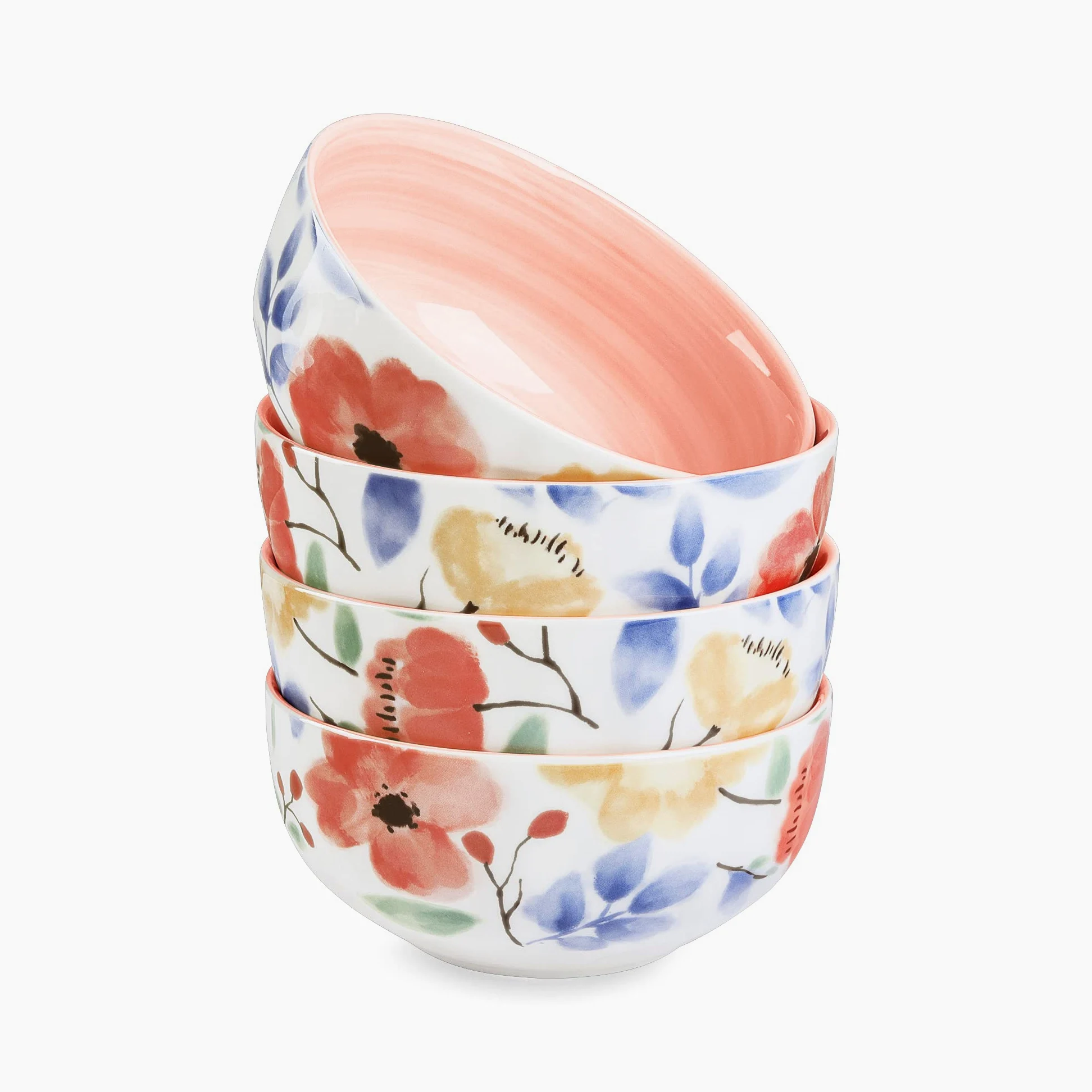 Różowe kwiatowe porcelanowe miski do sałatek, zestaw 4 dużych ceramicznych misek na płatki śniadaniowe, płatki owsiane, parapetówkę, miski prezentowe